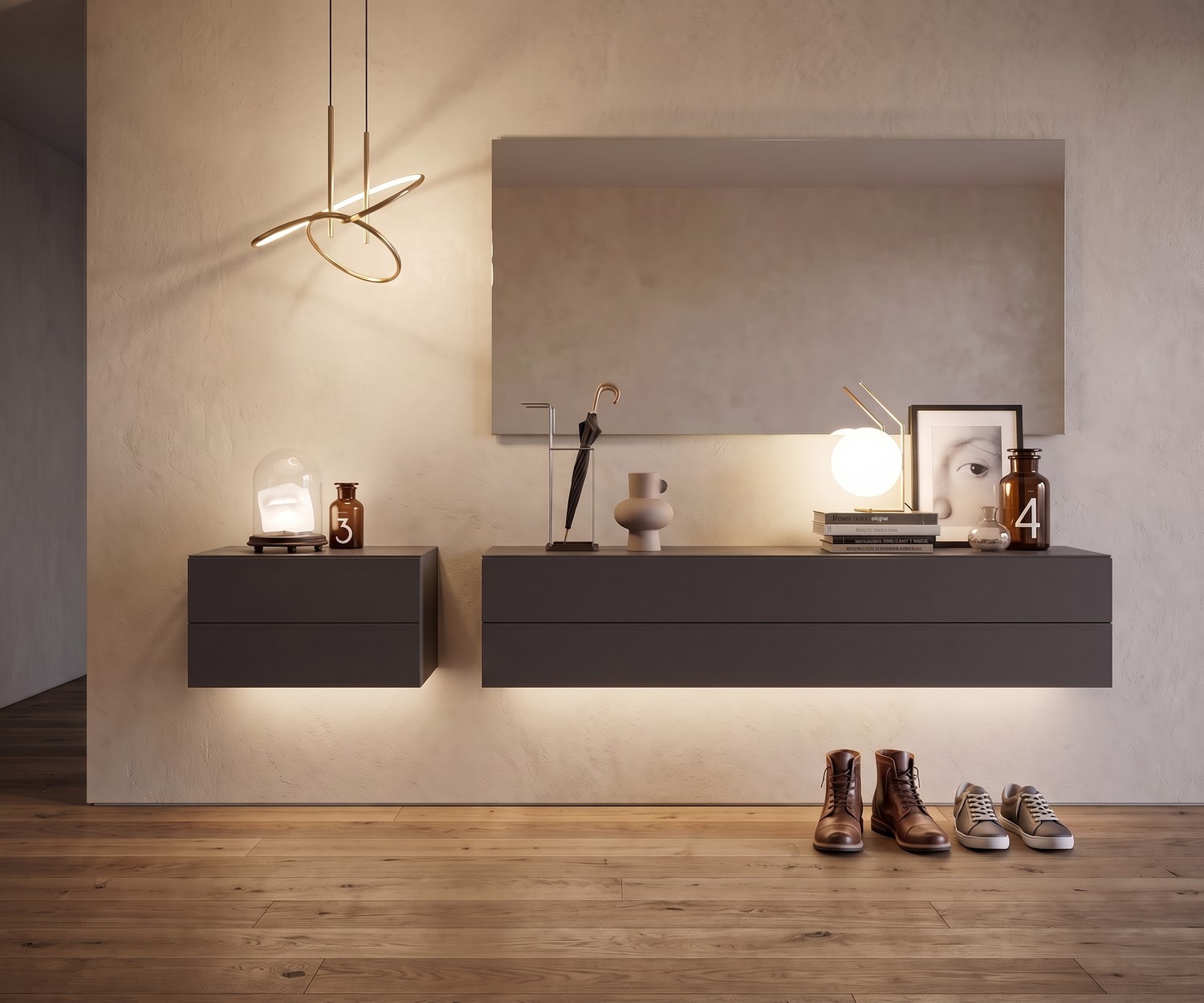 Cassettiera sospesa con 2 cassetti Easy Novamobili Cassettiera sospesa Easy di Novamobili con 2 cassetti per ingresso. Comò sospeso grigio moderno in stile minimalista.