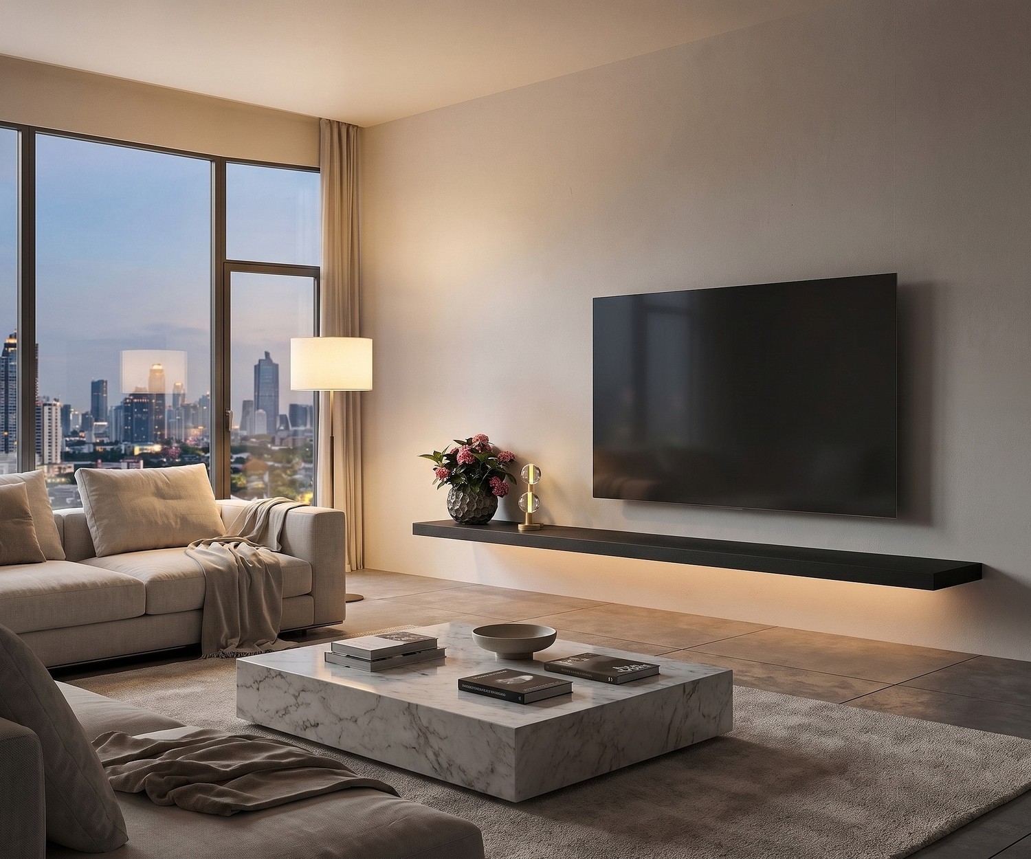 Mensola porta TV sospesa Livitalia con LED Mensola porta TV sospesa Livitalia sotto il televisore in un soggiorno moderno con illuminazione a LED indiretta.