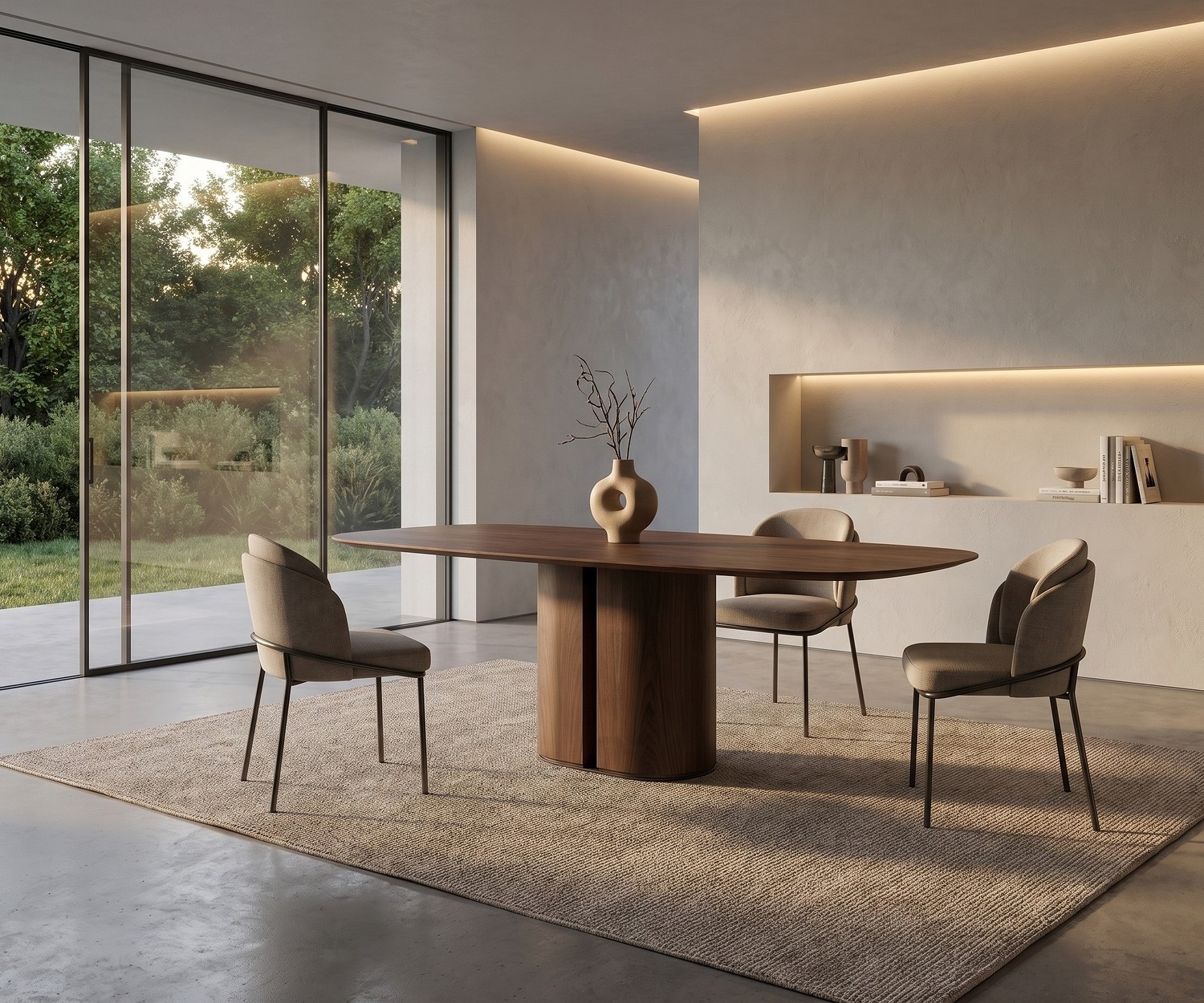 Tavolo da pranzo ovale in legno al2 el-it c 001 Tavolo da pranzo in legno al2 el-it c 001 in una sala da pranzo moderna con sedie beige e vista giardino.