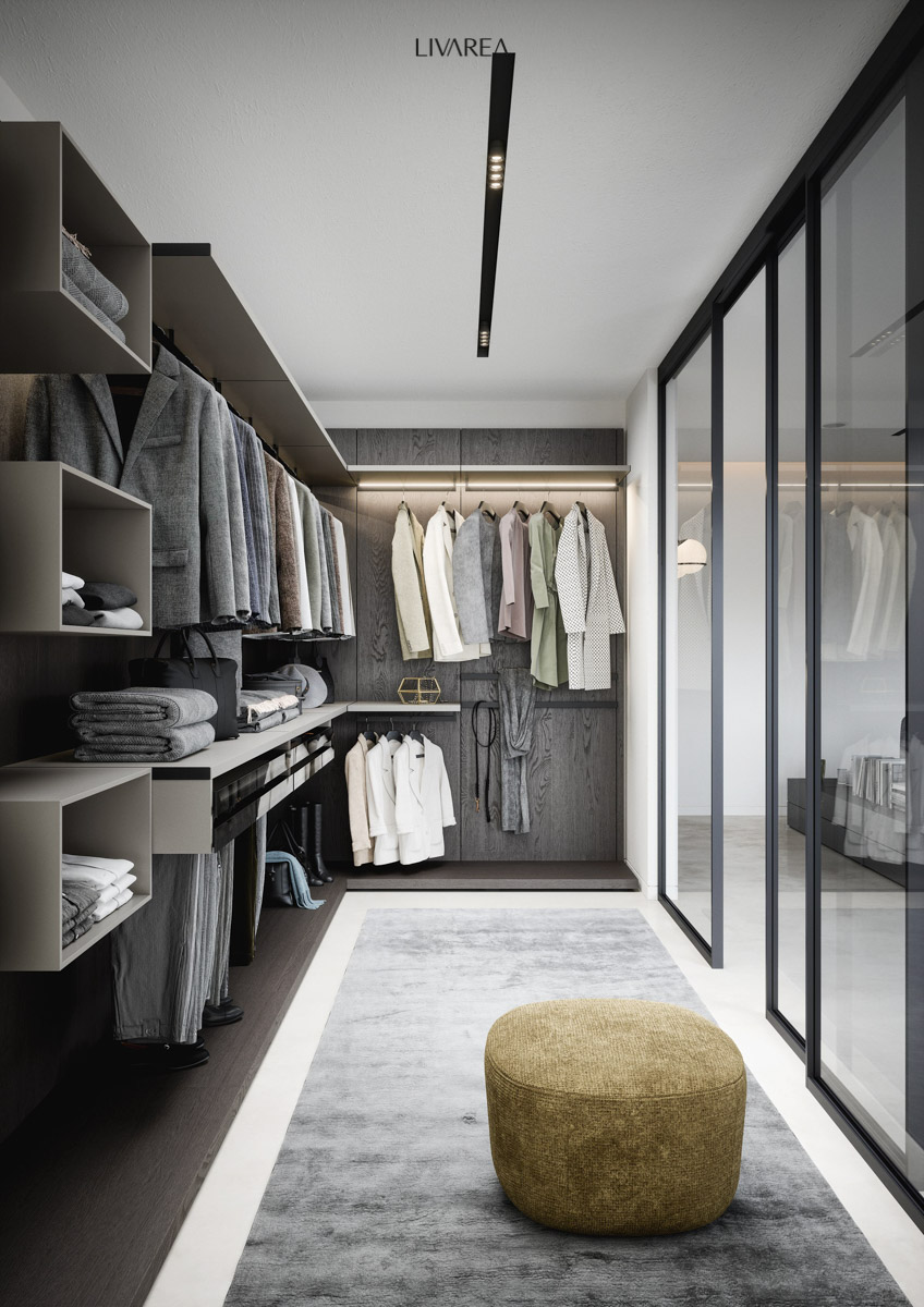 Armadio dal design arioso per uno spogliatoio separato da ante in vetro in legno di rovere scuro con finitura a venature chiare Armadio dal design arioso per uno spogliatoio separato da ante in vetro in legno di rovere scuro con finitura a venature chiare