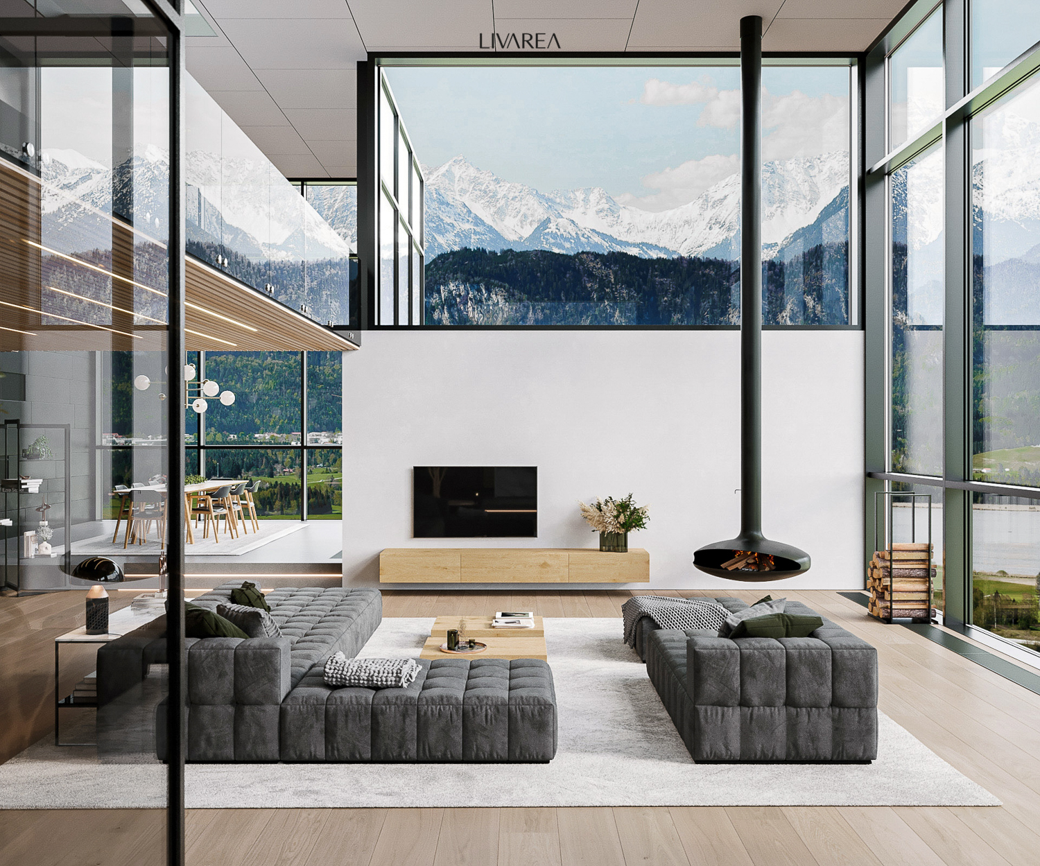 Villa di lusso con zona giorno a pianta aperta e zona pranzo a pianta aperta con tavolo da pranzo basso, grande divano, console e tavolini da caffè. Villa di lusso con zona giorno a pianta aperta e zona pranzo a pianta aperta con tavolo da pranzo basso, grande divano, console e tavolini da caffè.