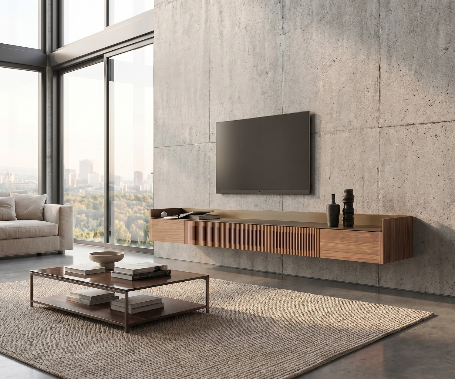 Mobile TV sospeso Punt Stockholm Slim in legno con top dorato in un soggiorno moderno.