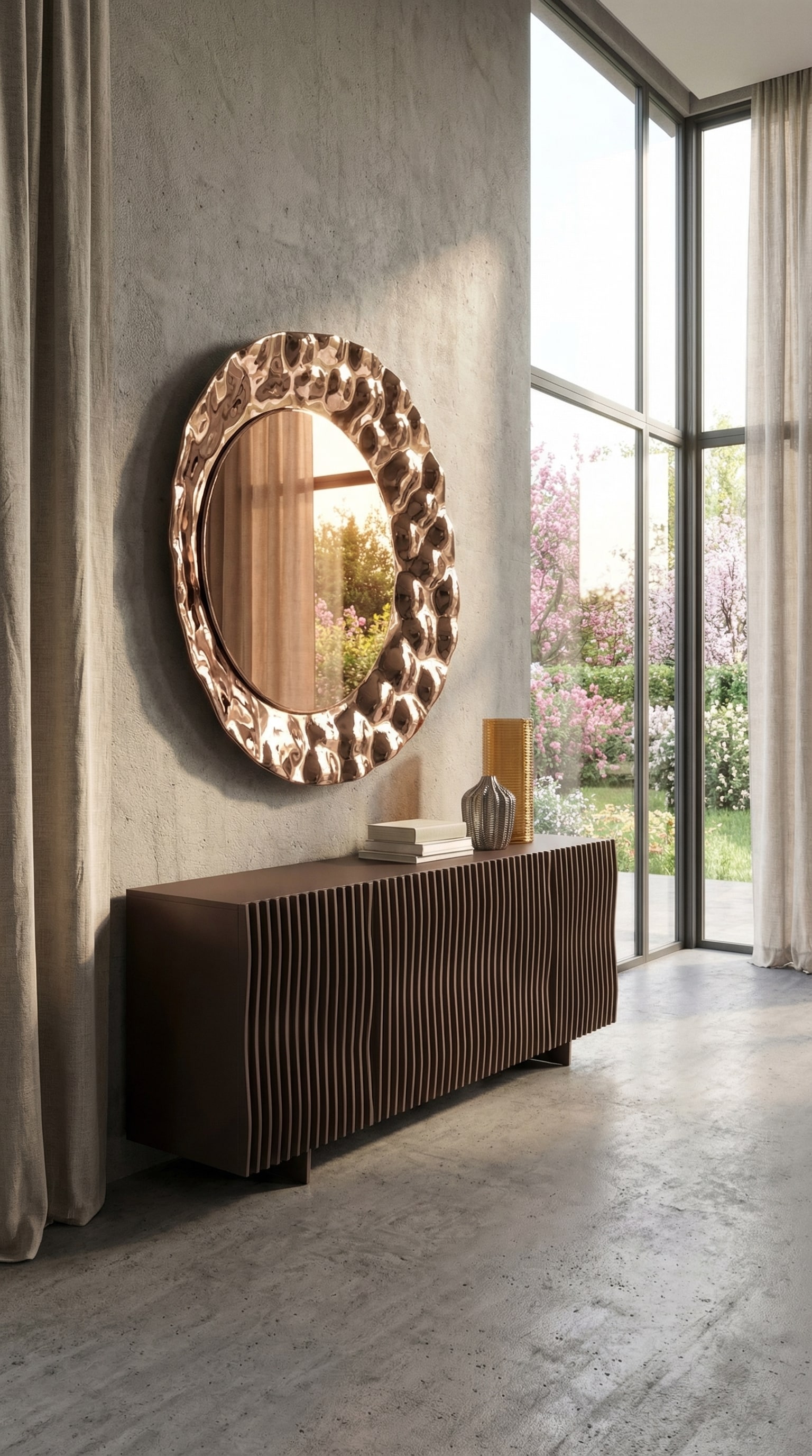 Soggiorno con una credenza marrone, il cui frontale &egrave; composto da onde organiche, nella calda luce primaverile.
