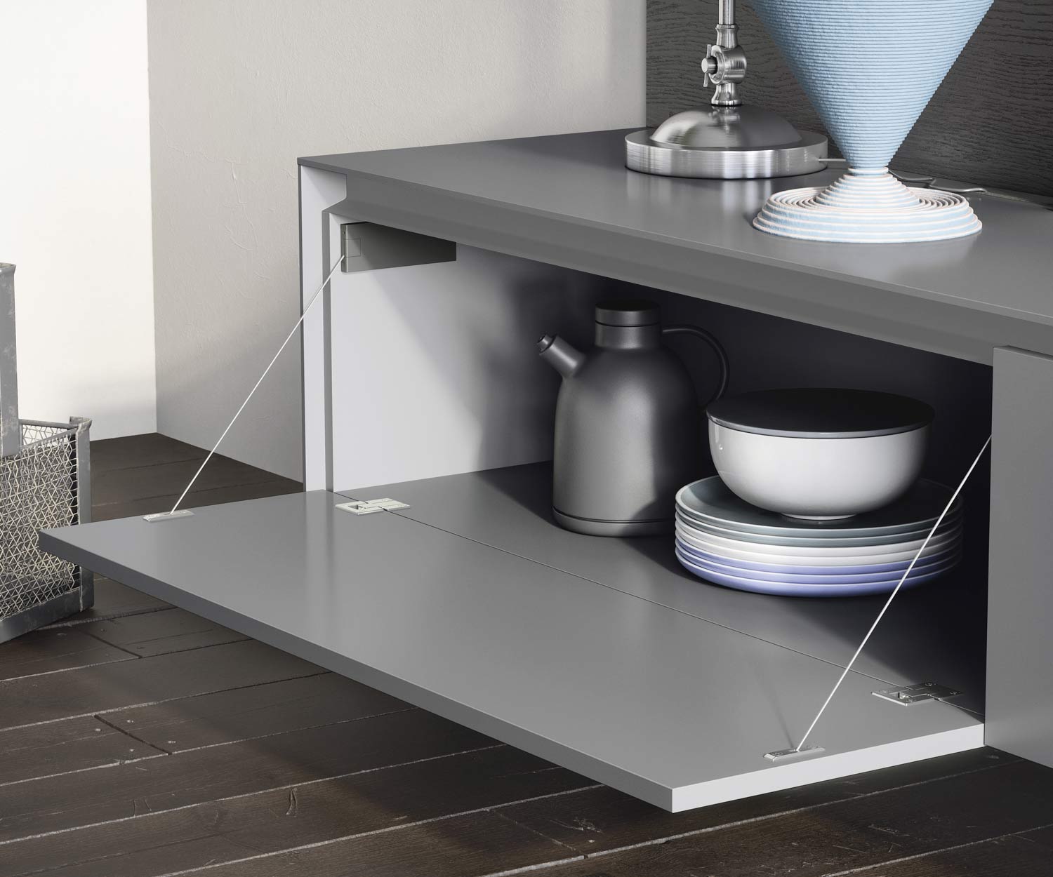 Design inverso grigio chiaro opaco porta a battente aperta Design inverso grigio chiaro opaco porta a battente aperta