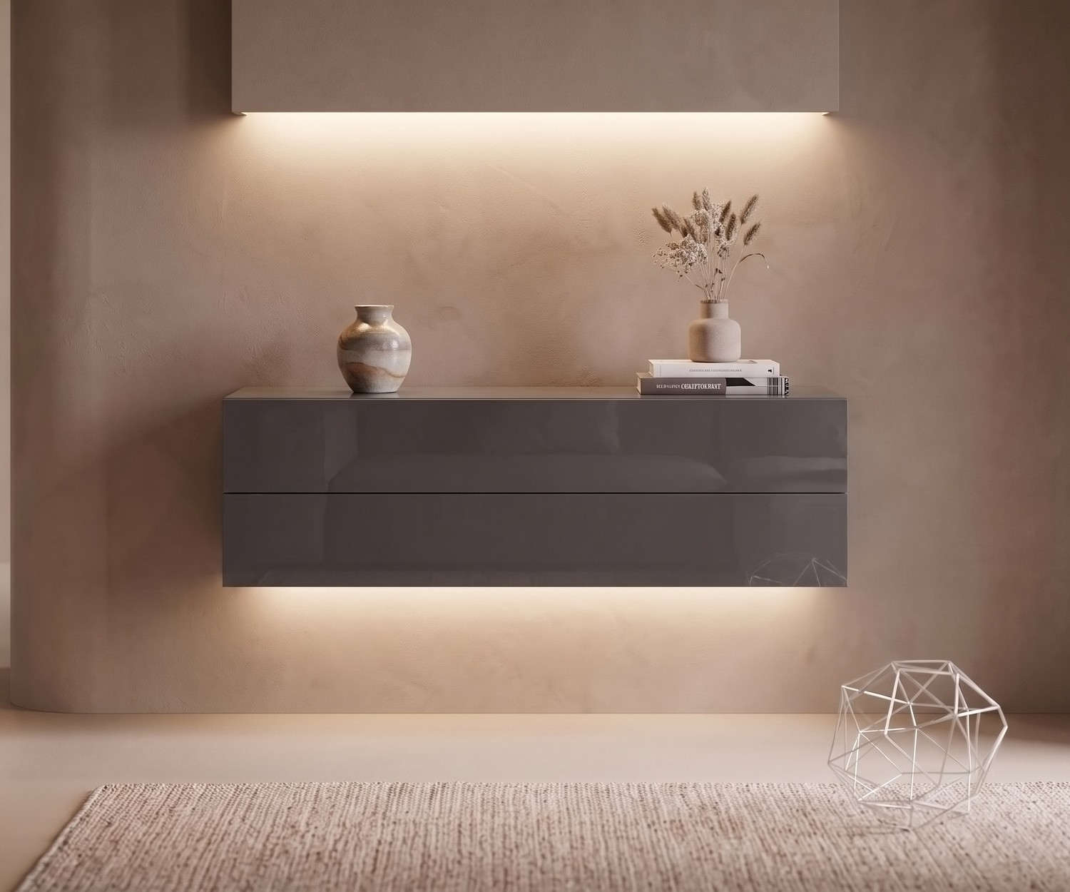 Cassettiera sospesa Easy Novamobili con LED Cassettiera sospesa Easy di Novamobili. Madia sospesa per soggiorno color grigio quarzo con illuminazione LED.