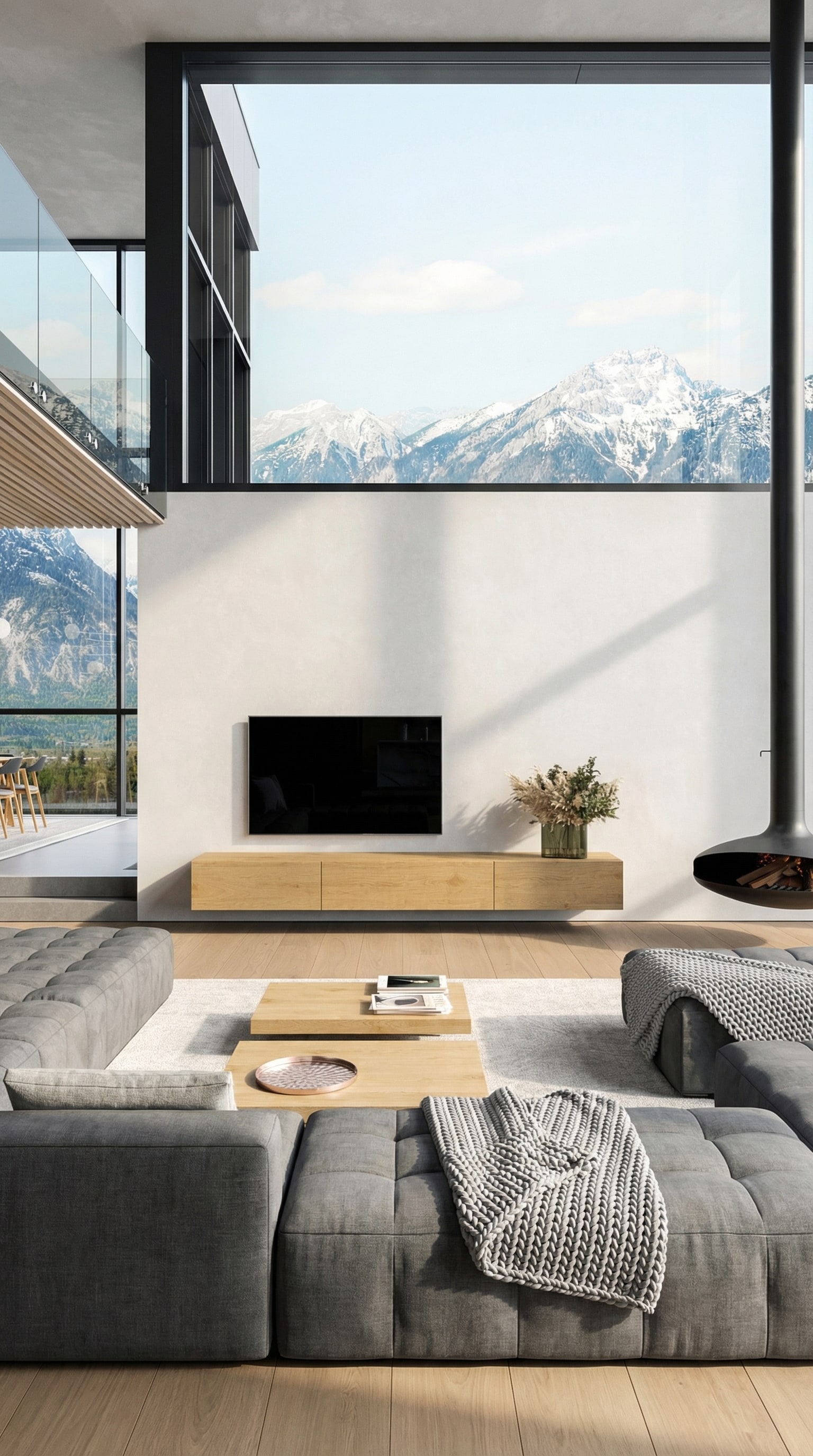Una madia bassa sospesa in caldo legno di quercia in un ambiente moderno Una madia bassa sospesa in caldo legno di quercia in un ambiente moderno