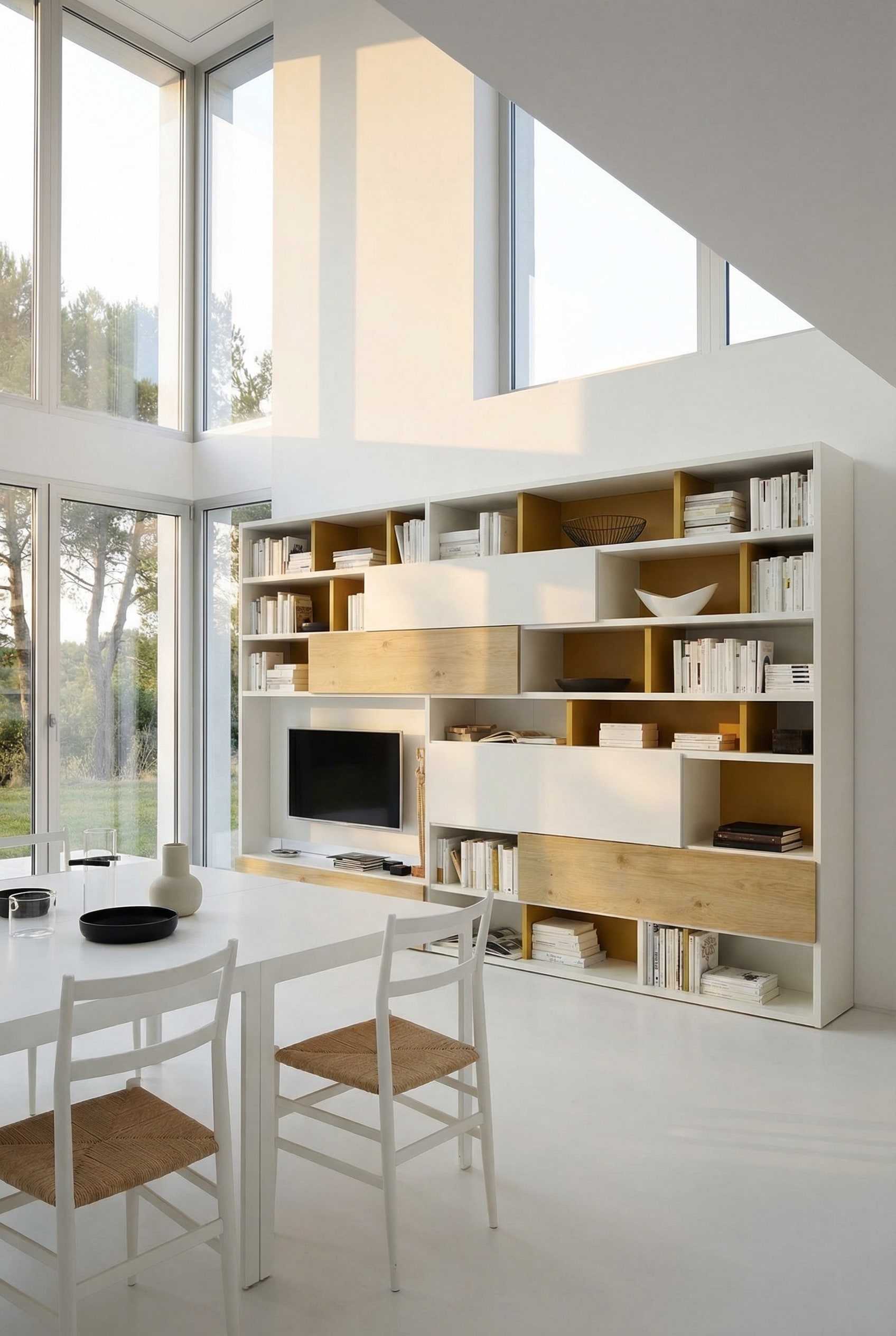 Soggiorno moderno con libreria asimmetrica Livitalia C51, decorata con libri orizzontali e arte.