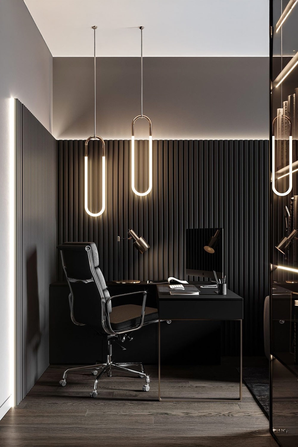 postazione-di-lavoro-moderna-con-sedia-da-ufficio-di-design-e-scrivania-sotto-luci-futuristiche
