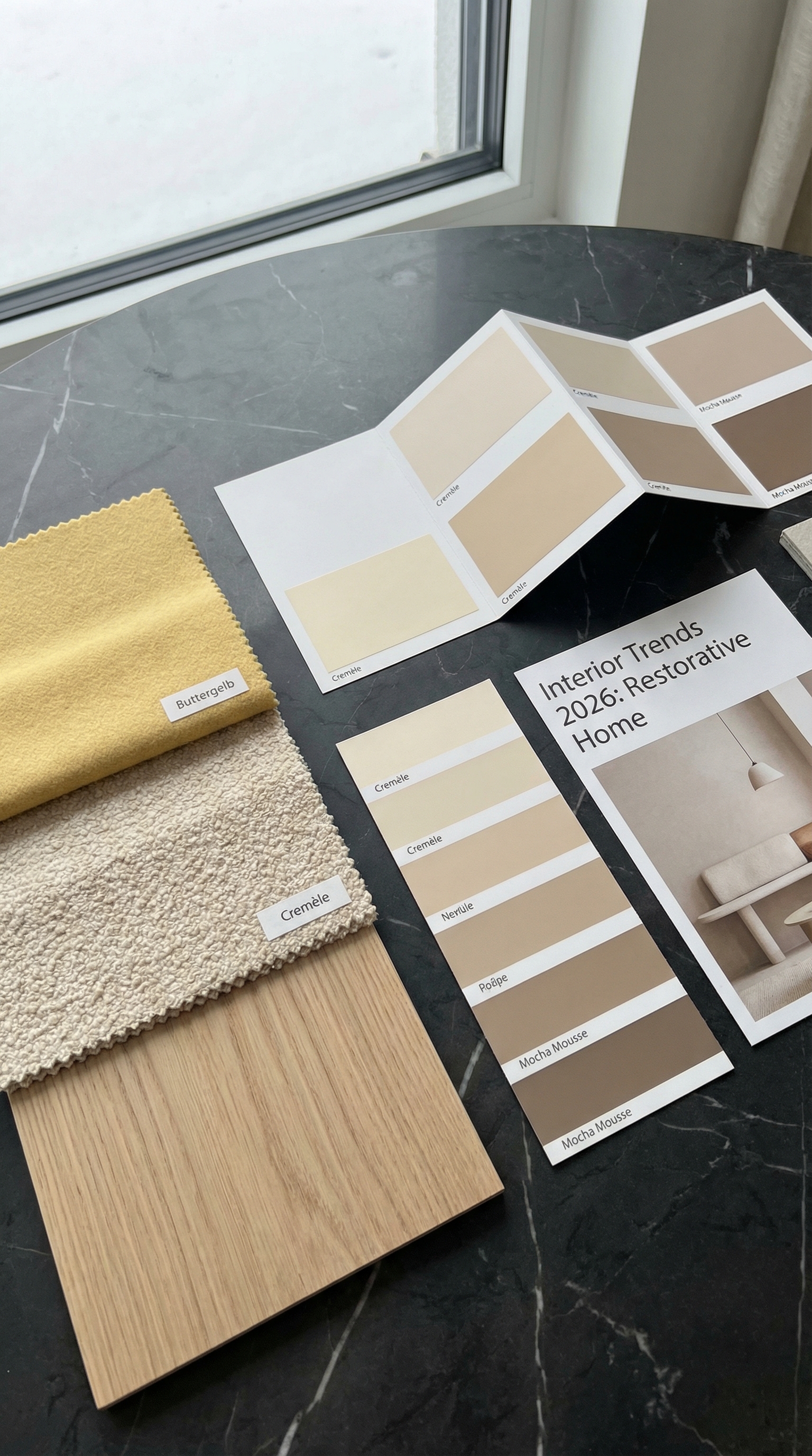 Moodboard con campioni di tessuto in giallo burro, bouclé e legno chiaro Moodboard con campioni di tessuto in giallo burro, bouclé e legno chiaro
