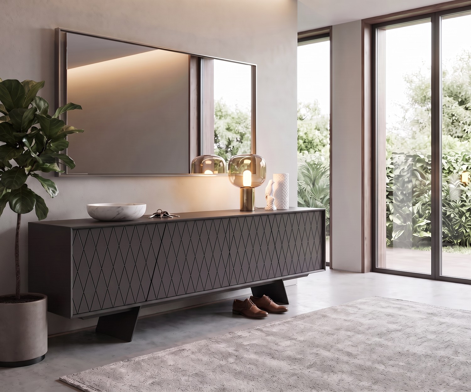 Credenza di design al2 e-klipse 003 con motivo a rombi Credenza di design al2 e-klipse 003 come mobile da ingresso grigio scuro con motivo a rombi in un disimpegno moderno.