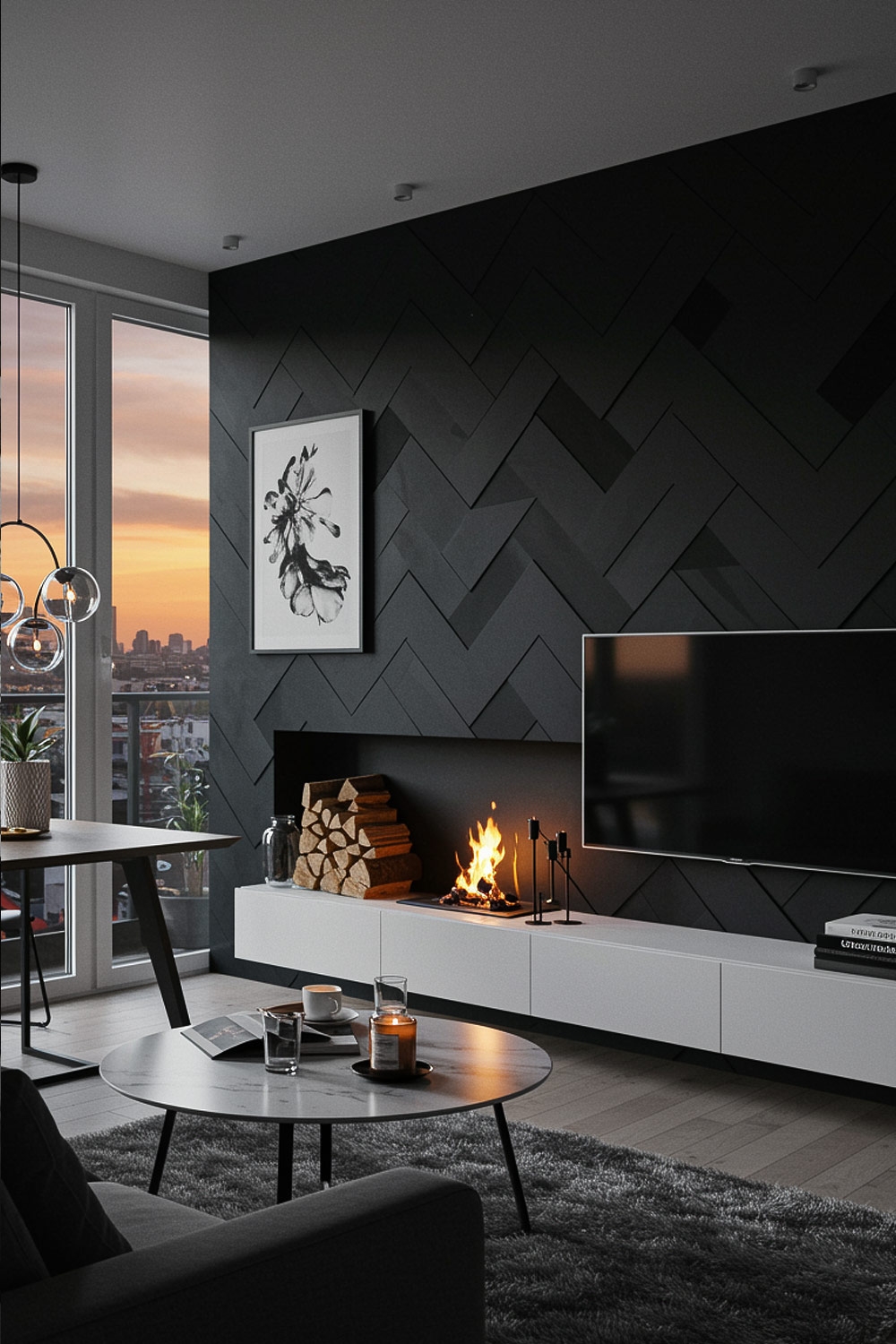 pannello a parete a spina di pesce grigio scuro con quadro bianco e nero per doppia decorazione