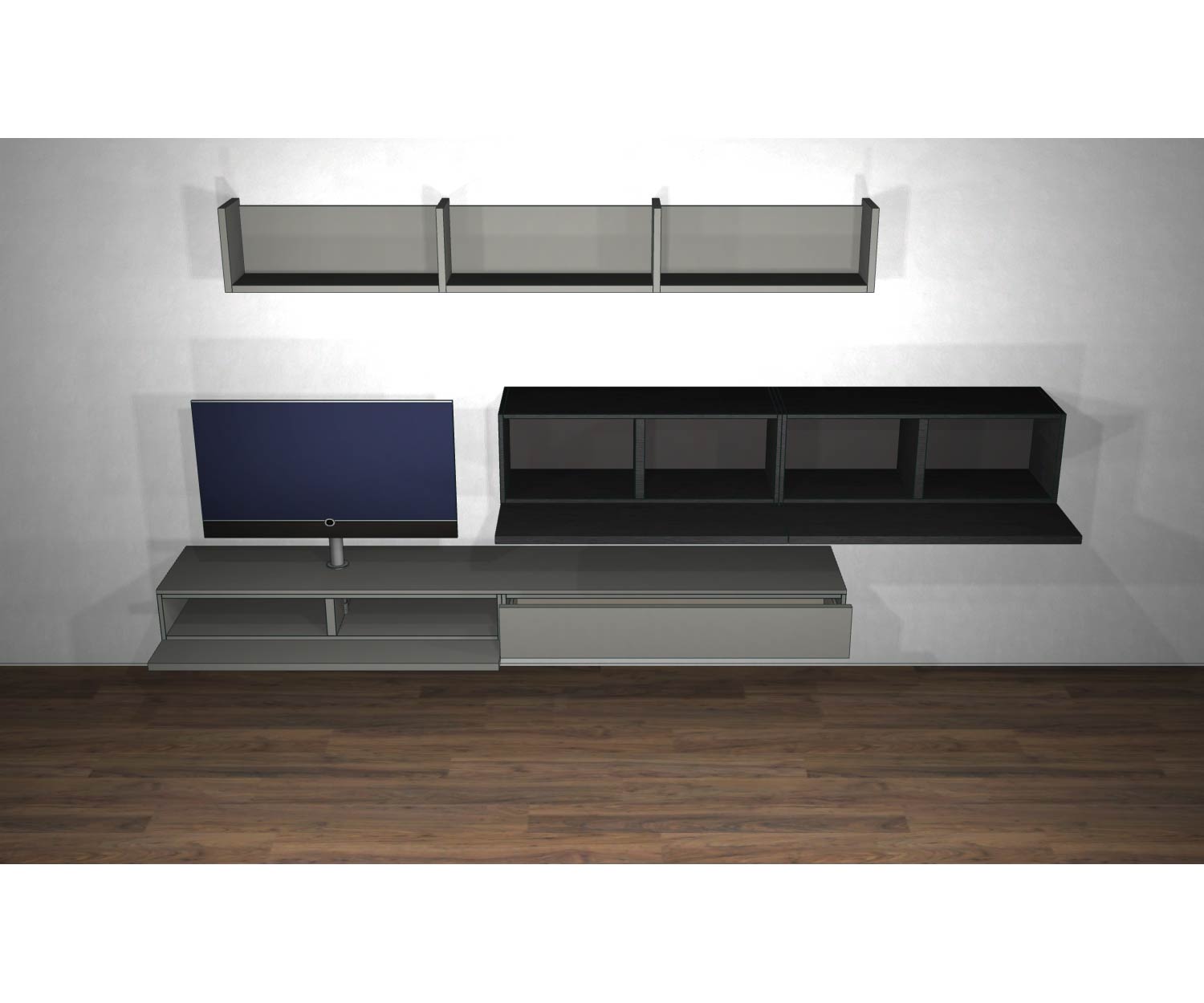 Livitalia Schizzo del pensile di design C60 con ante aperte e altri elementi Livitalia Schizzo del pensile di design C60 con ante aperte e altri elementi