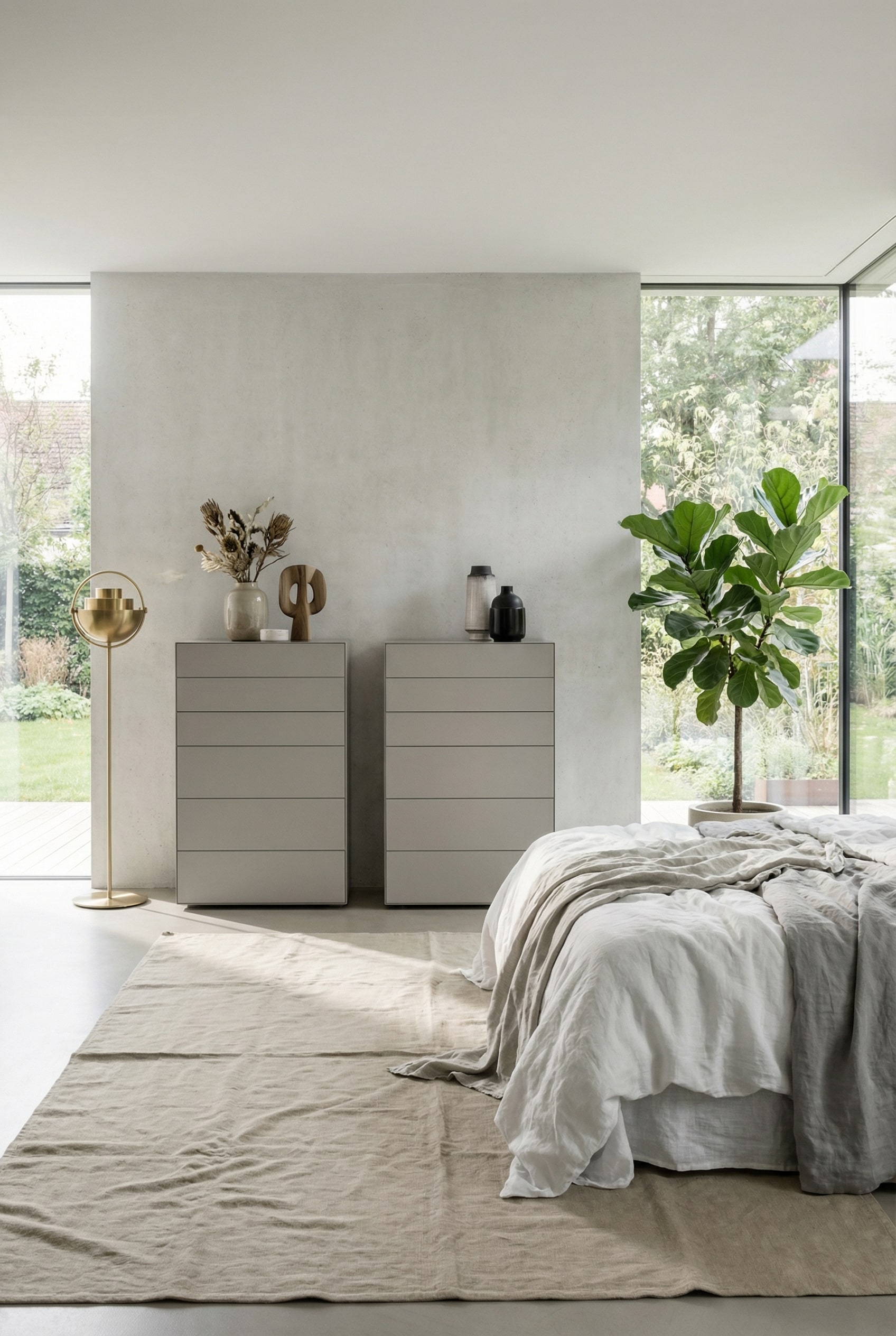 Due moderne cassettiere alte disposte simmetricamente con un po' di spazio tra loro su una parete, per alleggerire l'ambiente Due moderne cassettiere alte disposte simmetricamente con un po' di spazio tra loro su una parete, per alleggerire l'ambiente