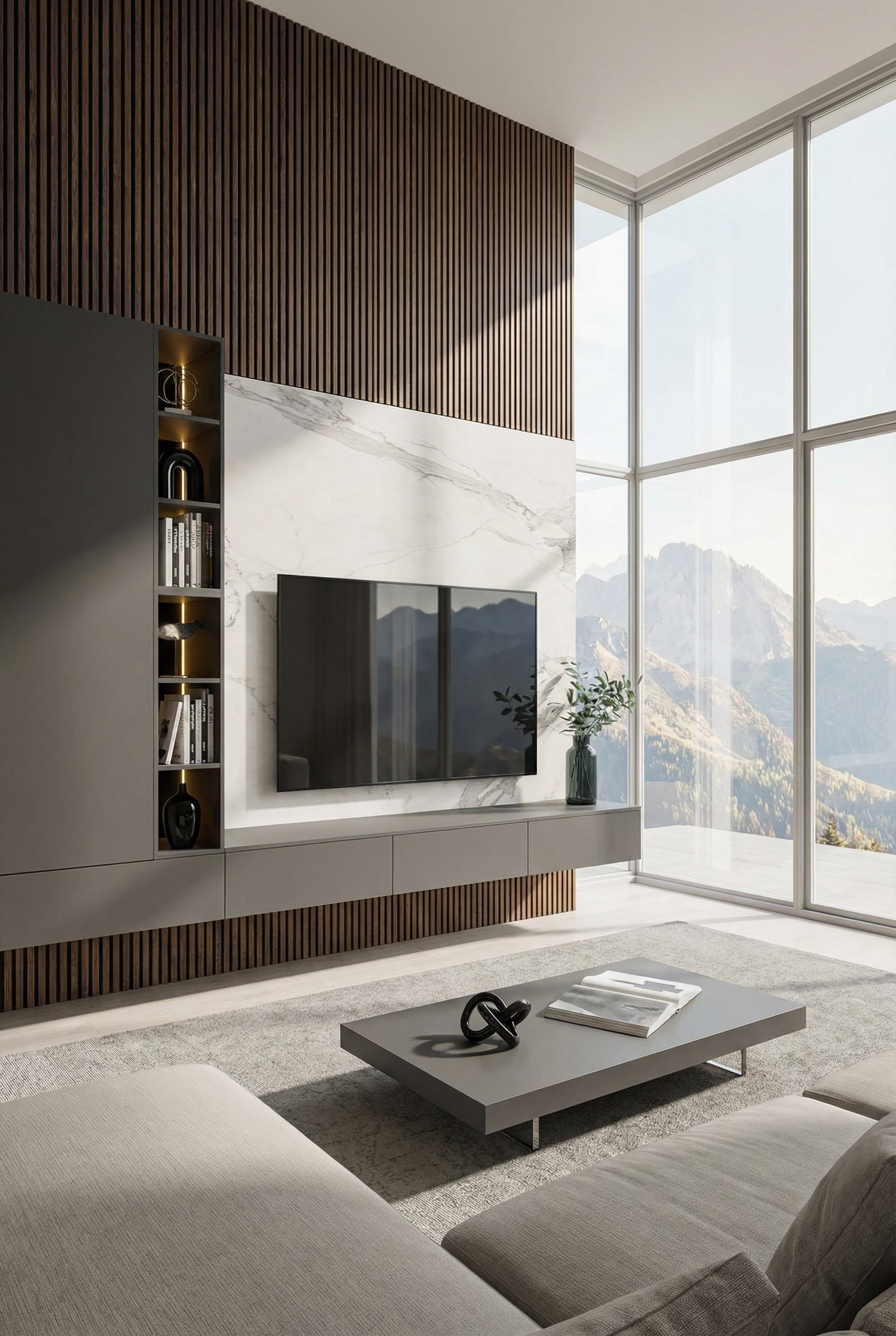 Lussuosa parete attrezzata con frontali in ceramica effetto marmo e lamelle in legno Lussuosa parete attrezzata con frontali in ceramica effetto marmo e lamelle in legno
