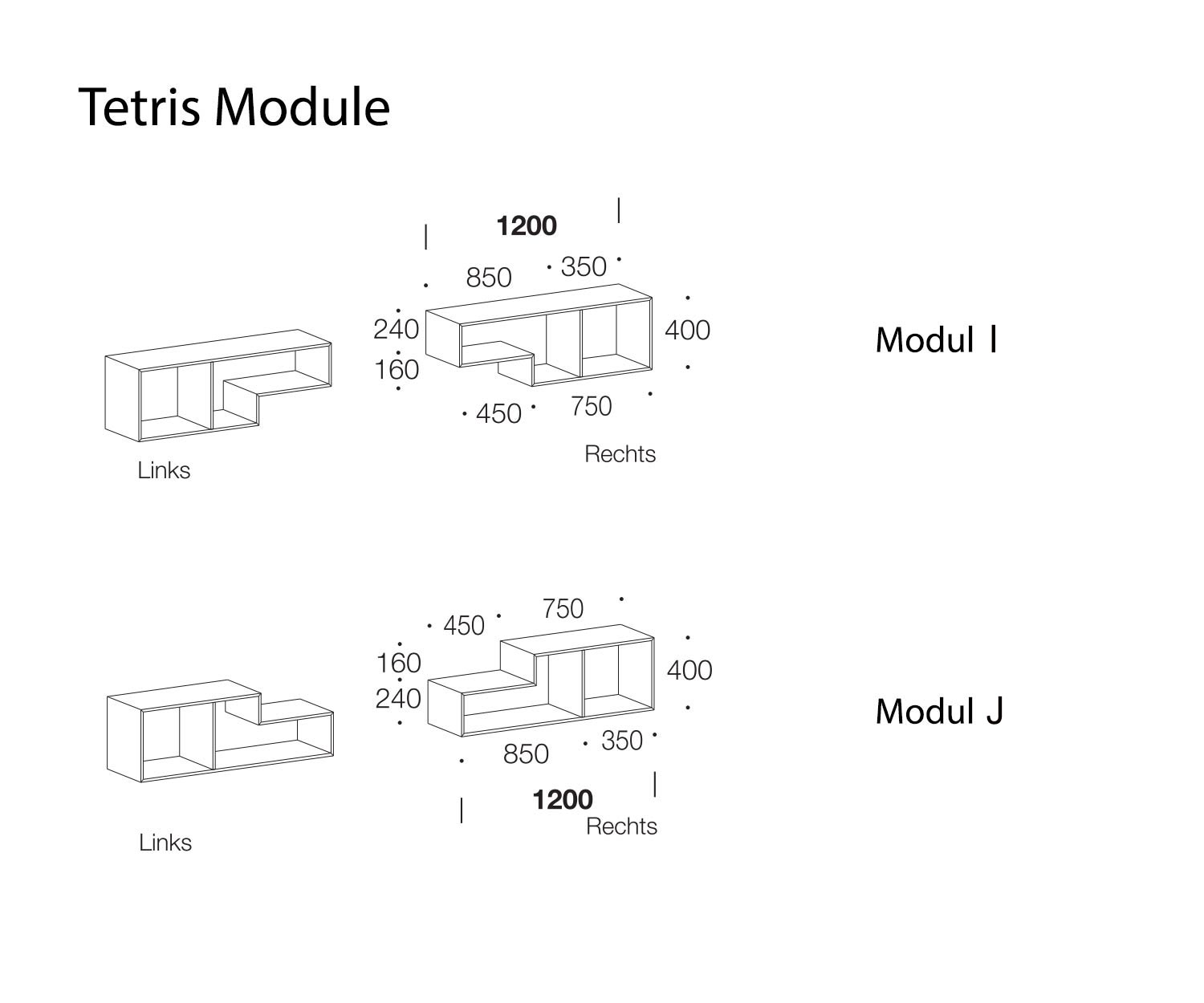 Tetris Designer Shelf Moduli I e J Dimensioni degli schizzi