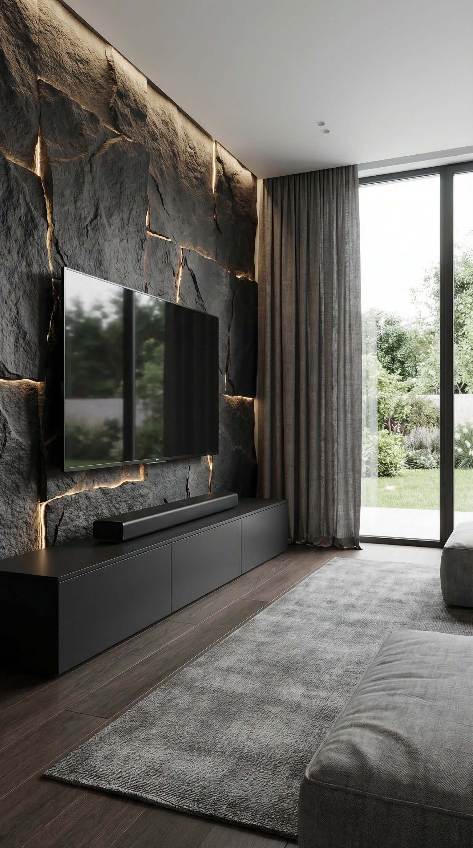 Un lowboard di design nero opaco davanti a un rivestimento murale spettacolare con effetto pietra, illuminato in modo suggestivo.