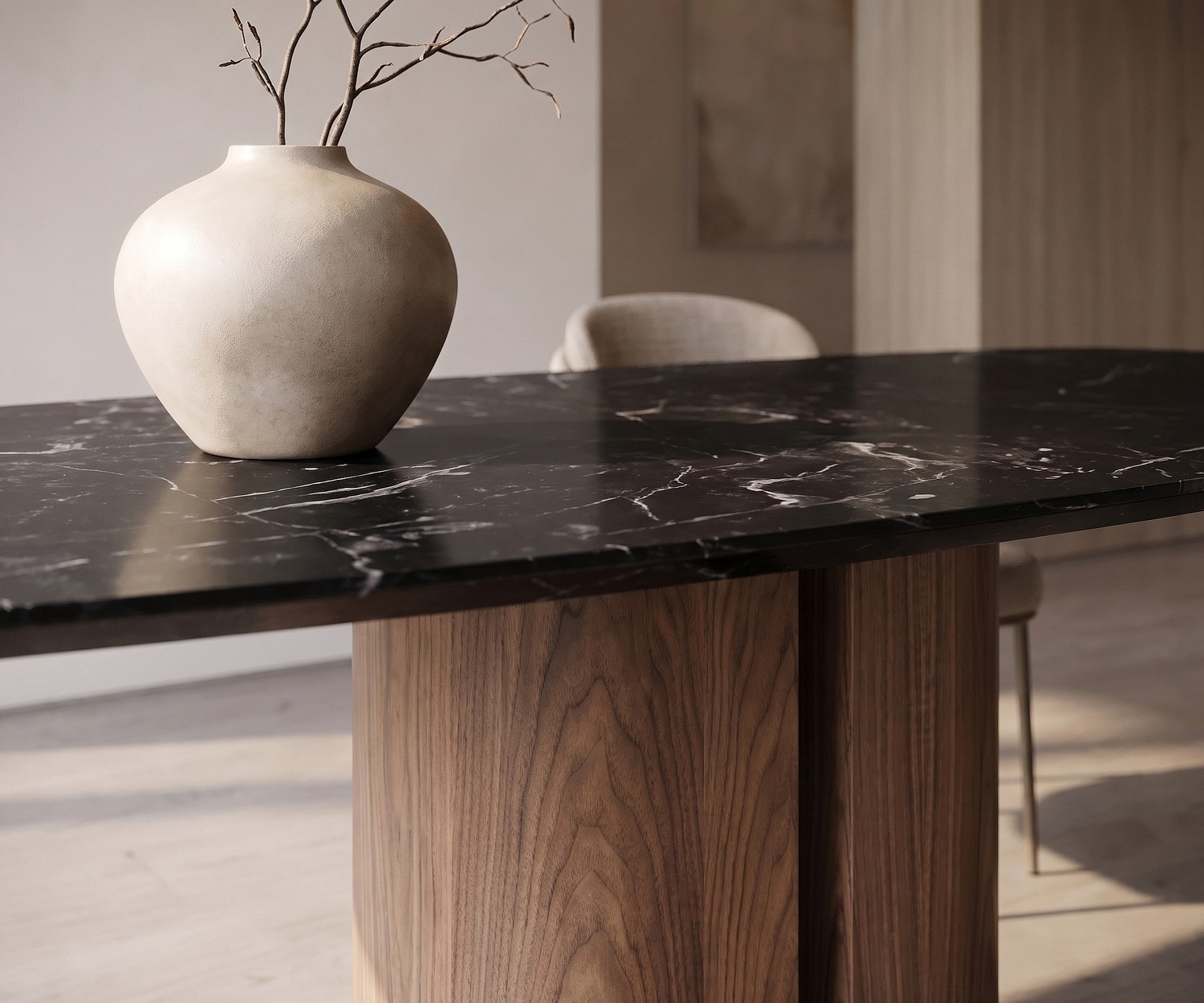 Tavolo da pranzo design al2 el-it c 001 con base in legno e ceramica Tavolo da pranzo al2 el-it c 001 per sala da pranzo con piano in ceramica marmo nero e basamento in legno.