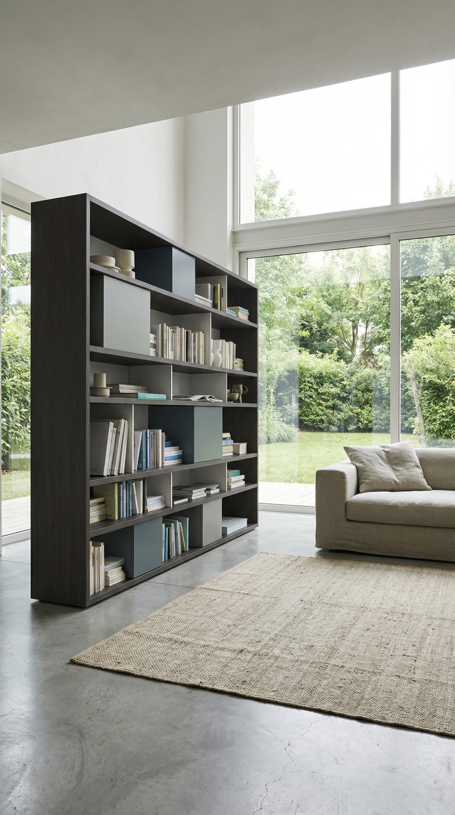 Libreria in legno filigranata in un soggiorno moderno con grandi finestre Libreria in legno filigranata in un soggiorno moderno con grandi finestre