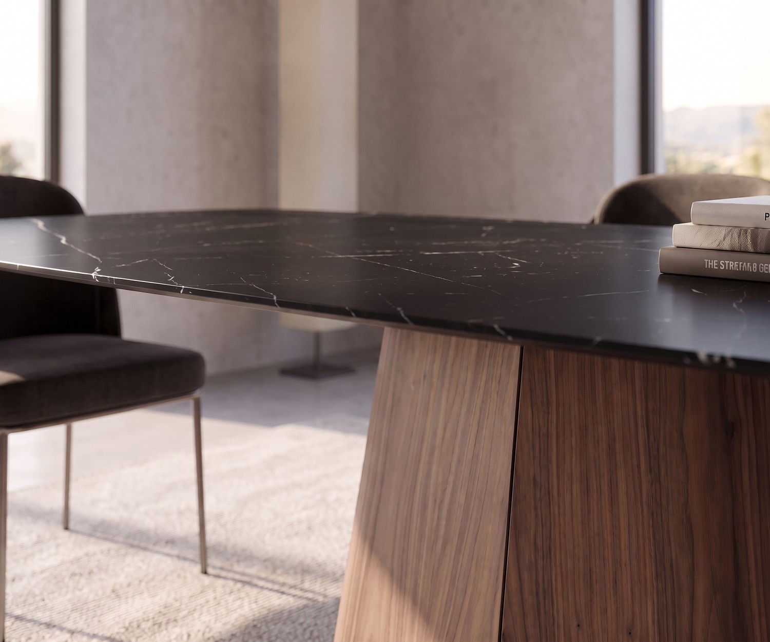 Tavolo da pranzo design al2 tessera 001 in ceramica Tavolo da pranzo al2 tessera 001 in sala da pranzo con piano in ceramica nera effetto marmo e basamento in legno.