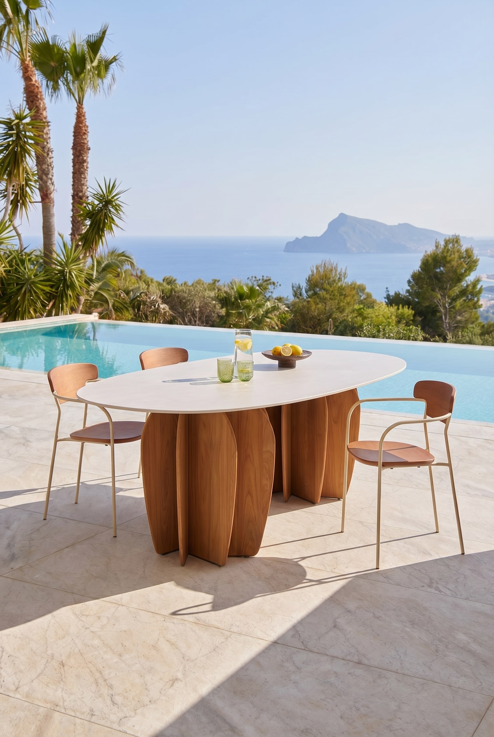 Grande tavolo da pranzo da esterno con piedi scultorei in legno su una terrazza soleggiata Grande tavolo da pranzo da esterno con piedi scultorei in legno su una terrazza soleggiata
