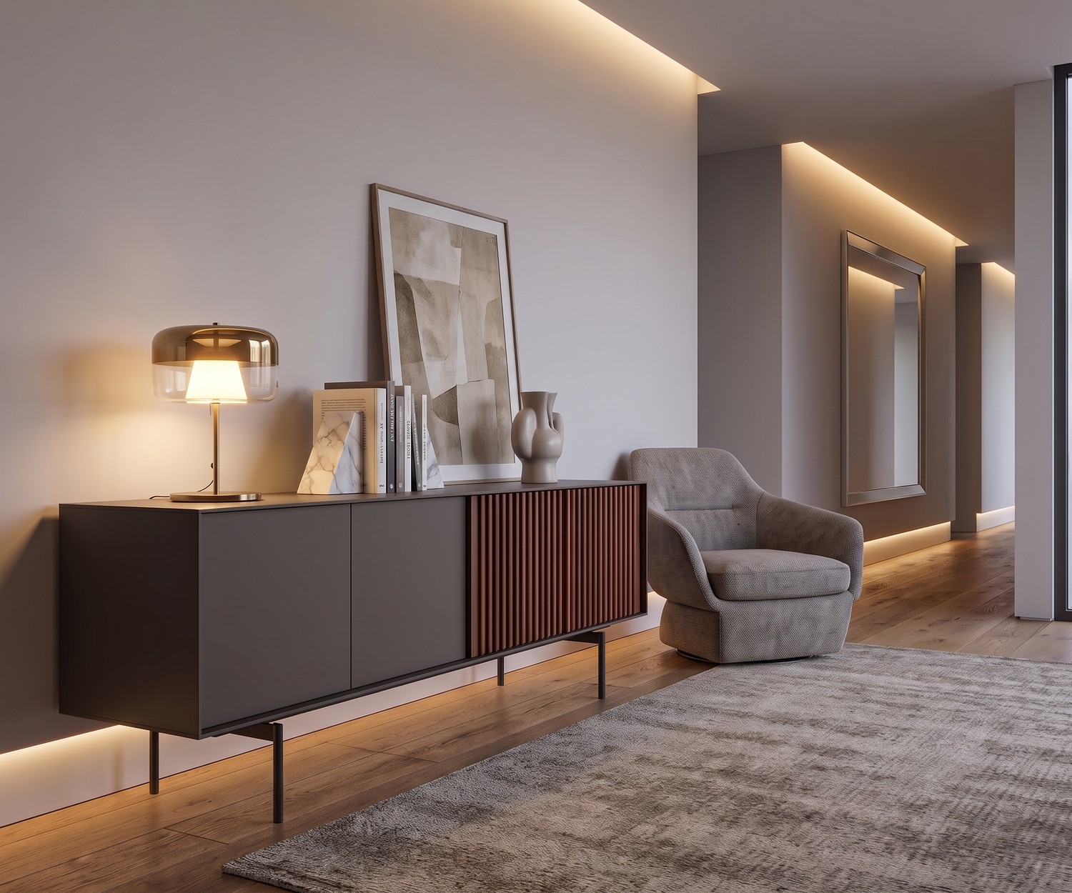 Credenza design noce laccato grigio scuro opaco Ante con tecnologia push-pull