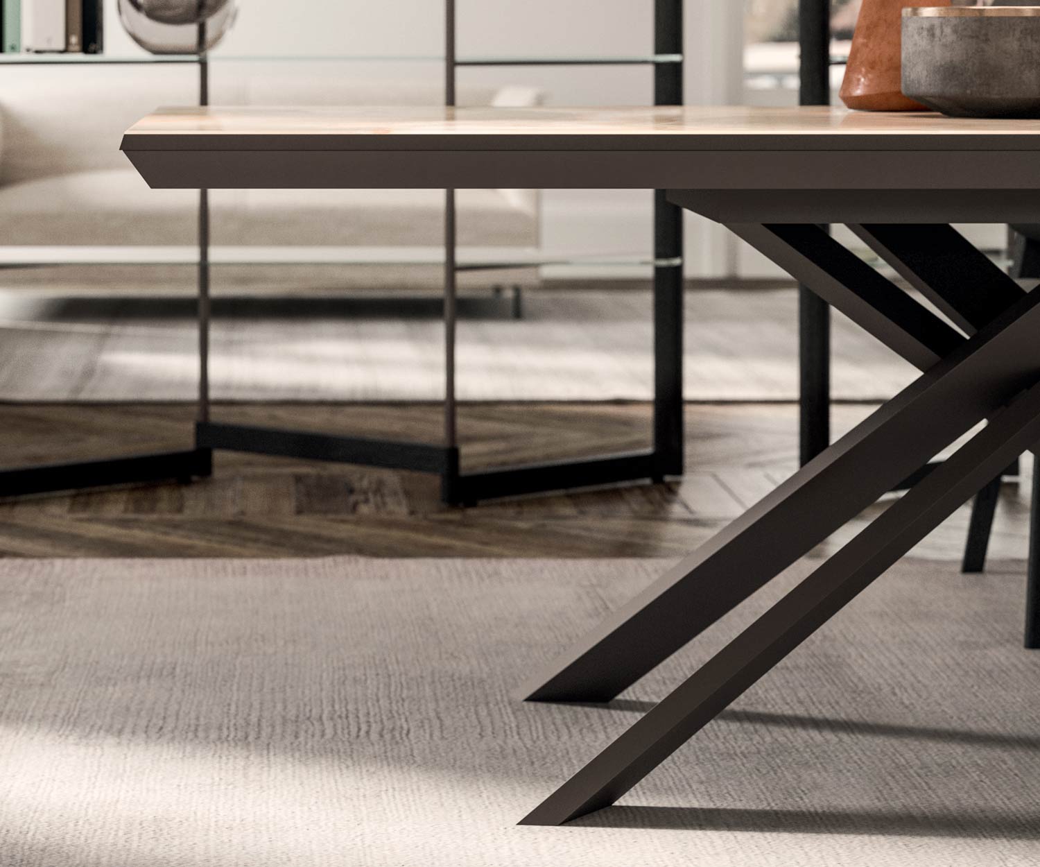 Dettaglio del bordo del tavolo Ozzio Tavolo da pranzo di design in marmo e vetro Dettaglio del bordo del tavolo Ozzio Tavolo da pranzo di design in marmo e vetro