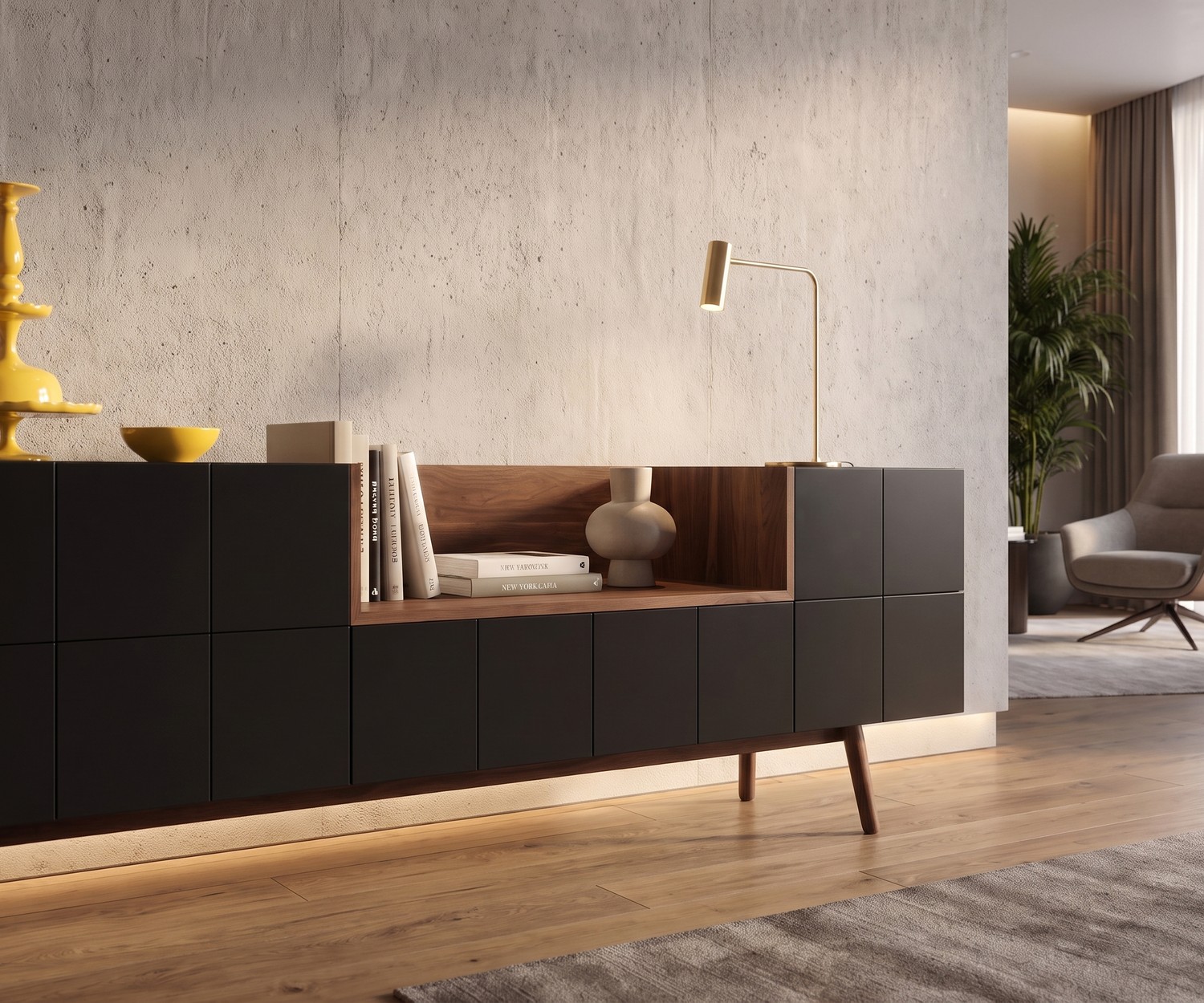 Credenza moderna al2 MOS-I-KO 003 A in nero opaco e legno Credenza di design al2 MOS-I-KO 003 A per soggiorno, in nero opaco e legno con vano a giorno ed illuminazione LED.