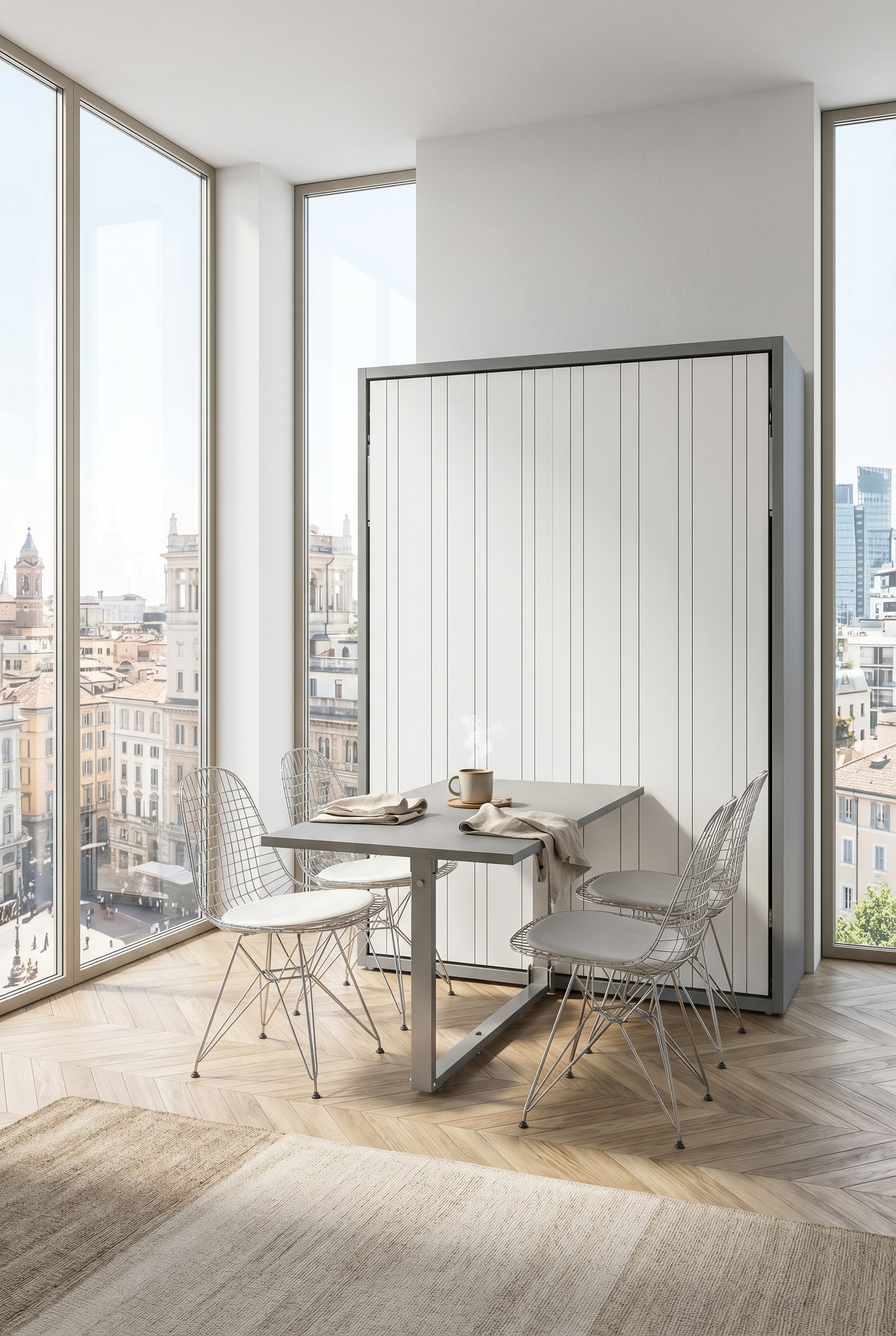 Una sala da pranzo elegante con un grande tavolo da pranzo intelligentemente integrato nella parte anteriore di un letto a muro chiuso.