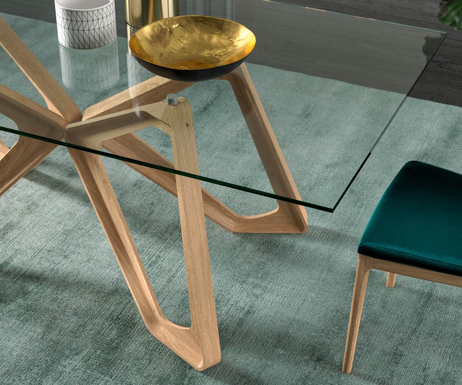 Tavolo da pranzo di design di alta qualità Ozzio Papillon Dettaglio piano in vetro e gambe del tavolo in vetro trasparente