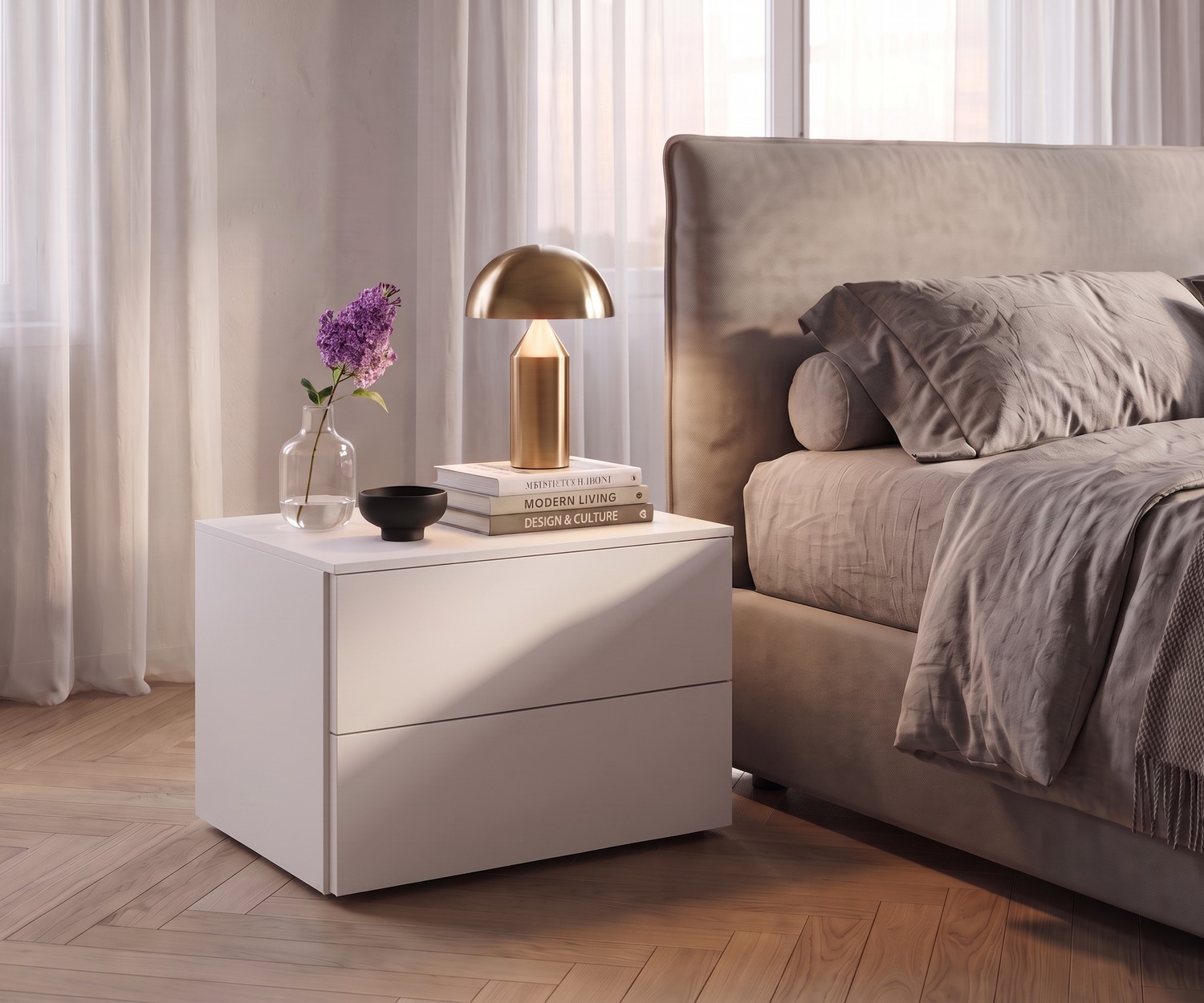 Comodino moderno bianco Livitalia Atena Comodino Livitalia Atena con cassetti per camera da letto, moderno comodino bianco accanto a un letto imbottito beige