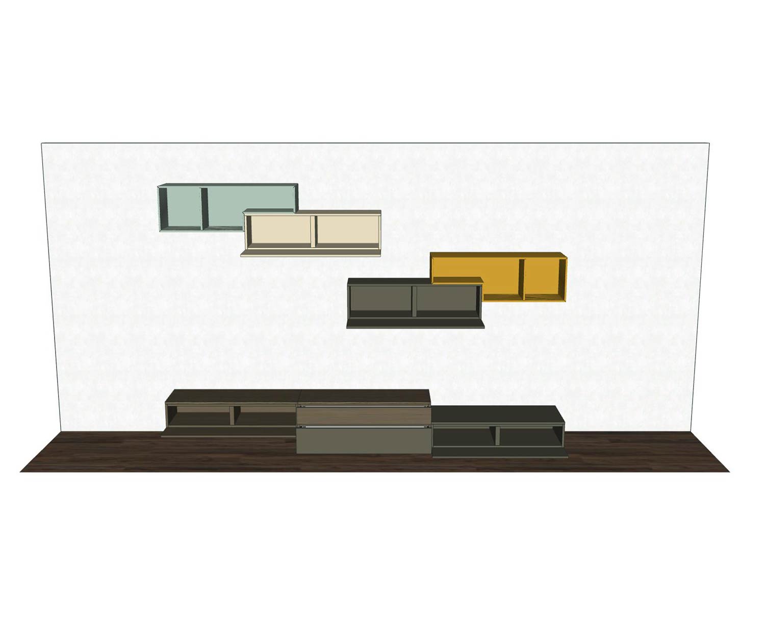 Parete attrezzata Tetris Design C20 Porte con elementi in tinta Parete attrezzata Tetris Design C20 Ante con elementi colorati