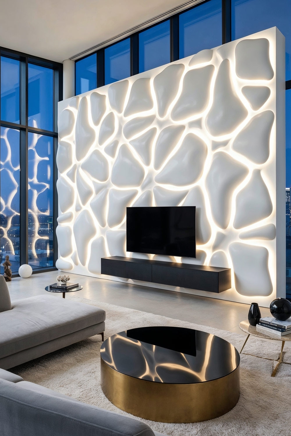 pannello a parete 3D dall'aspetto futuristico con effetto spatolato e illuminazione LED integrata