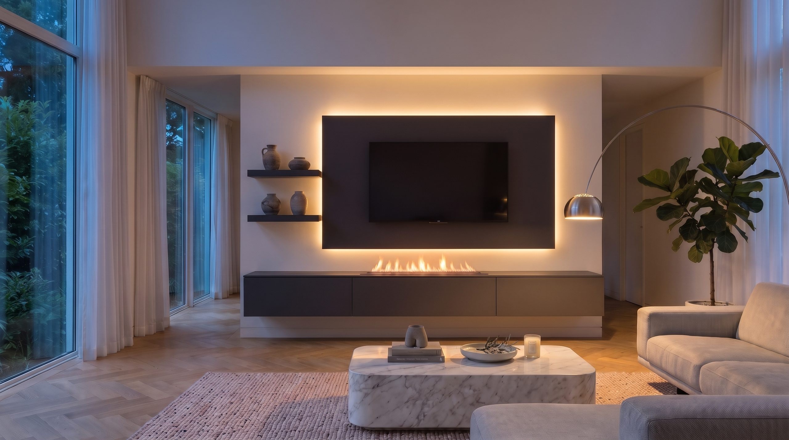 Wohnzimmer Planer: Livitalia Wohnwand C108 mit Kamineinsatz und Beleuchtung am Abend