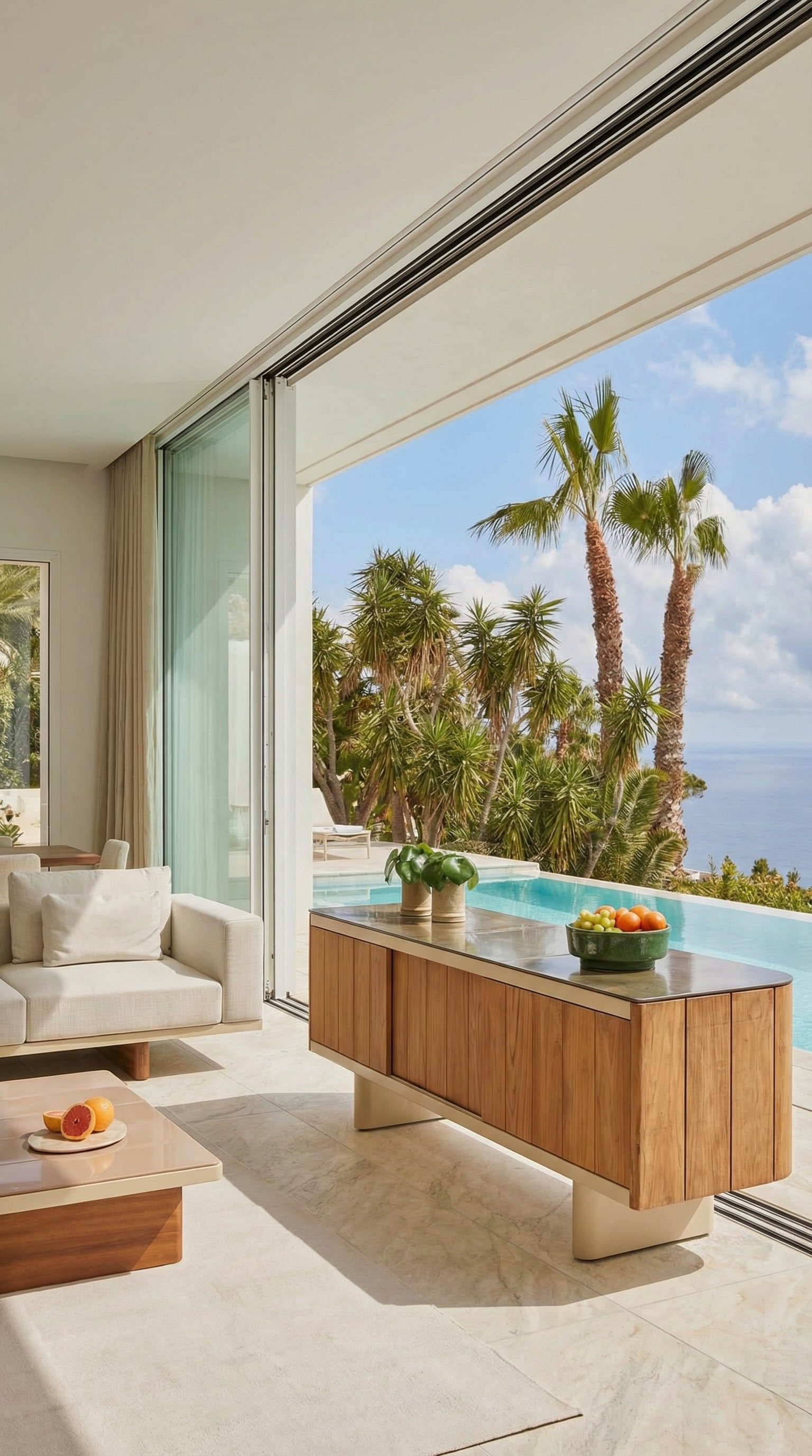 Lussuosa credenza da esterno in teak su una terrazza soleggiata con vista mare. Lussuosa credenza da esterno in teak su una terrazza soleggiata con vista mare.