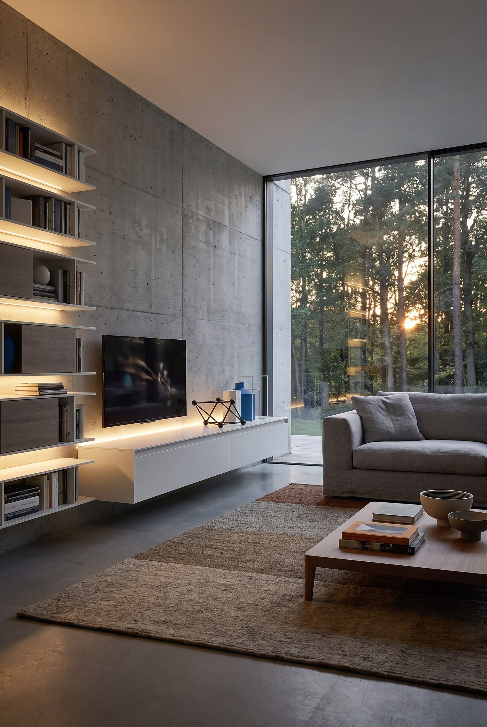 Schwebendes wei&szlig;es TV-Board vor Sichtbetonwand im modernen Wohnzimmer mit gro&szlig;en Fenstern und grauem Sofa.
