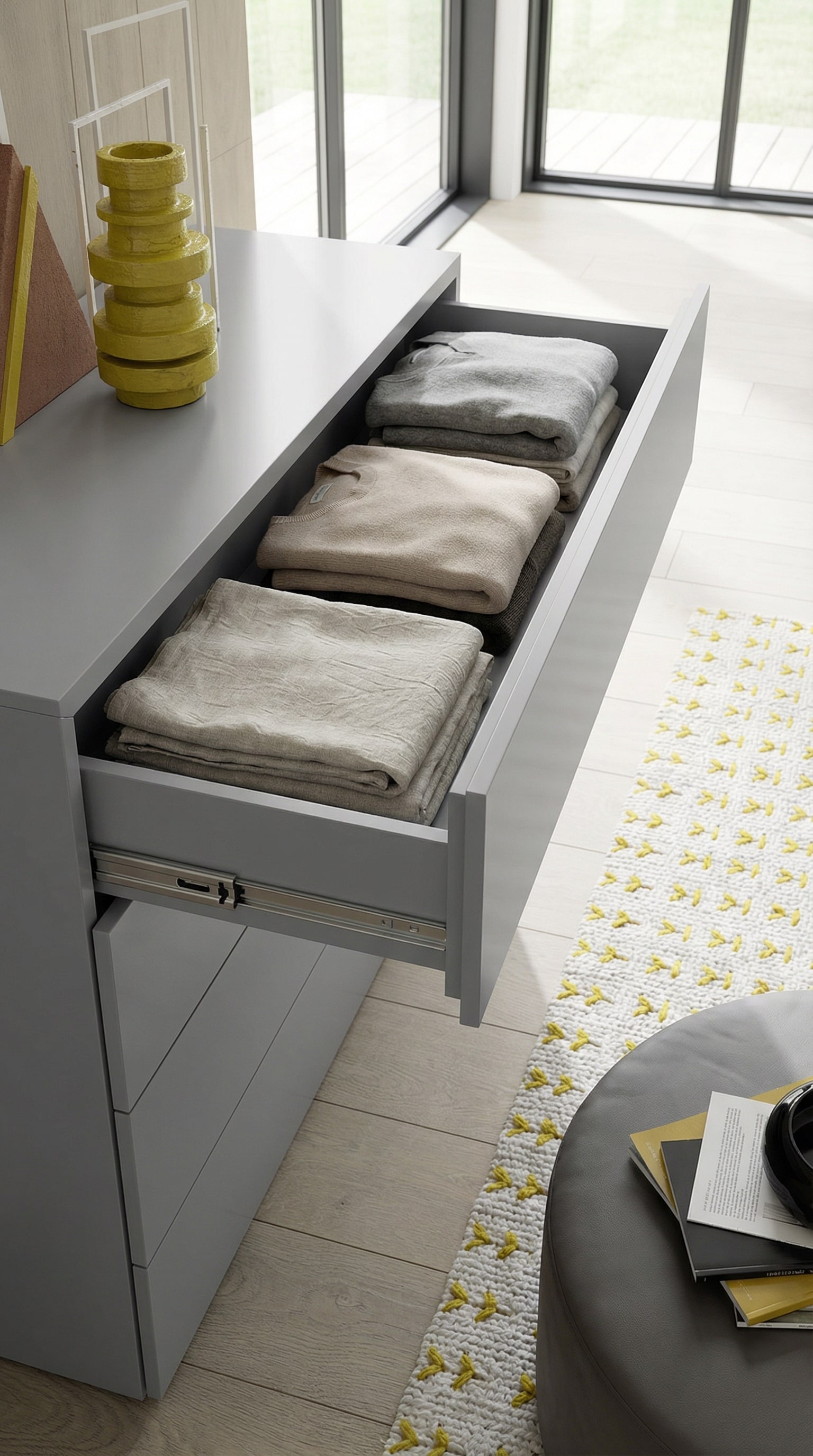 Cassettiera di design senza maniglie aperta con estrazione totale, vestiti perfettamente piegati e tolleranze simmetriche Cassettiera di design senza maniglie aperta con estrazione totale, vestiti perfettamente piegati e tolleranze simmetriche