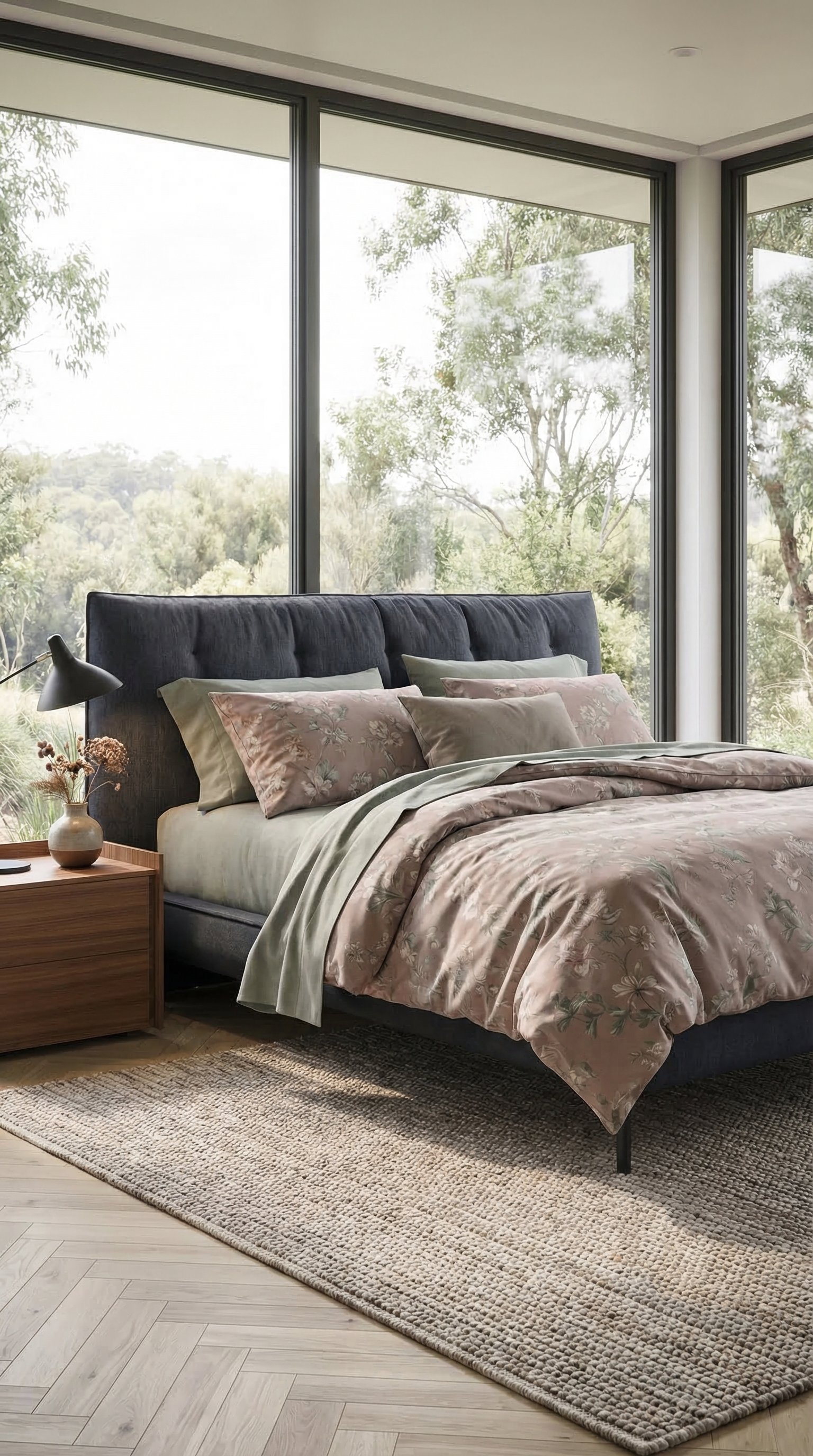 Camera da letto moderna romantica con biancheria da letto a fantasia floreale discreta