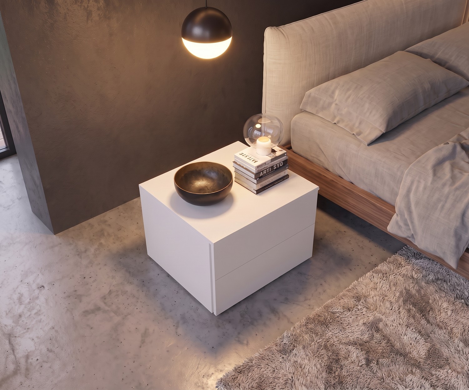 Comodino Livitalia Atena con cassetti in una camera da letto moderna accanto al letto, design minimalista bianco.