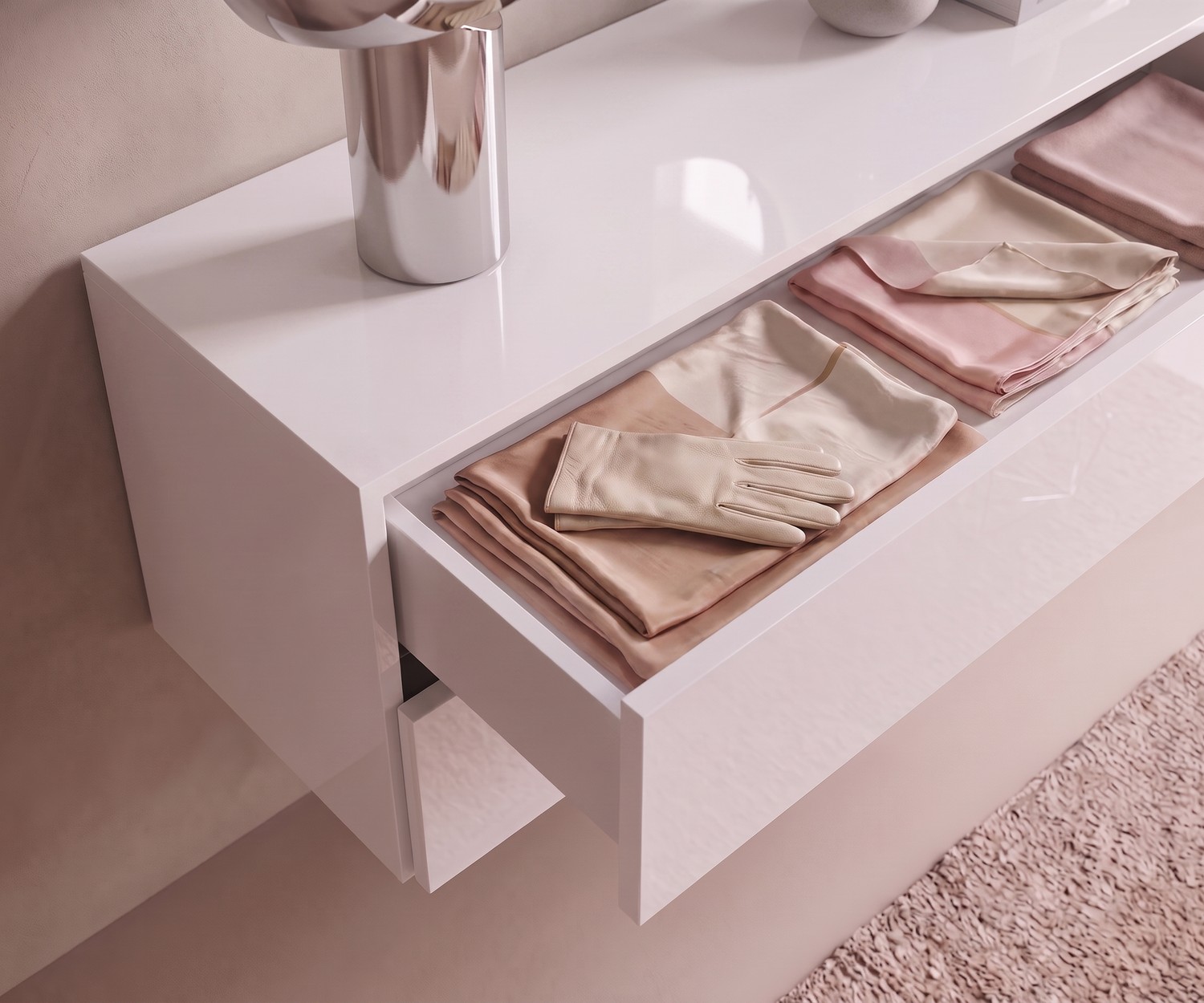 Cassettiera sospesa Novamobili Easy Cassettiera sospesa Novamobili Easy laccato bianco lucido per camera da letto, design moderno con cassetto aperto.