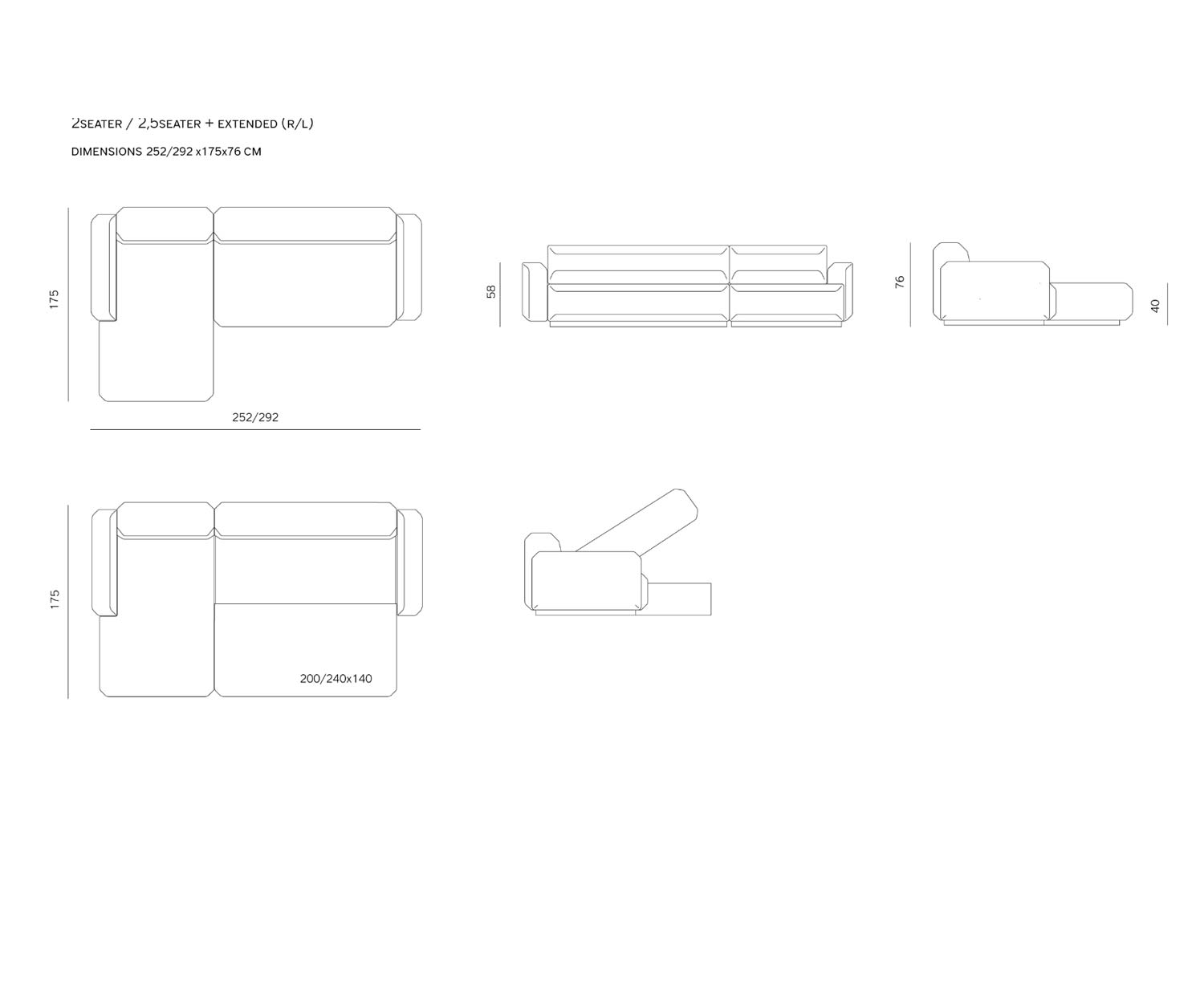 Prostoria Divano letto di design Fade 2,5 posti Sketch Dimensioni Prostoria Divano letto di design Fade 2,5 posti Sketch Dimensioni