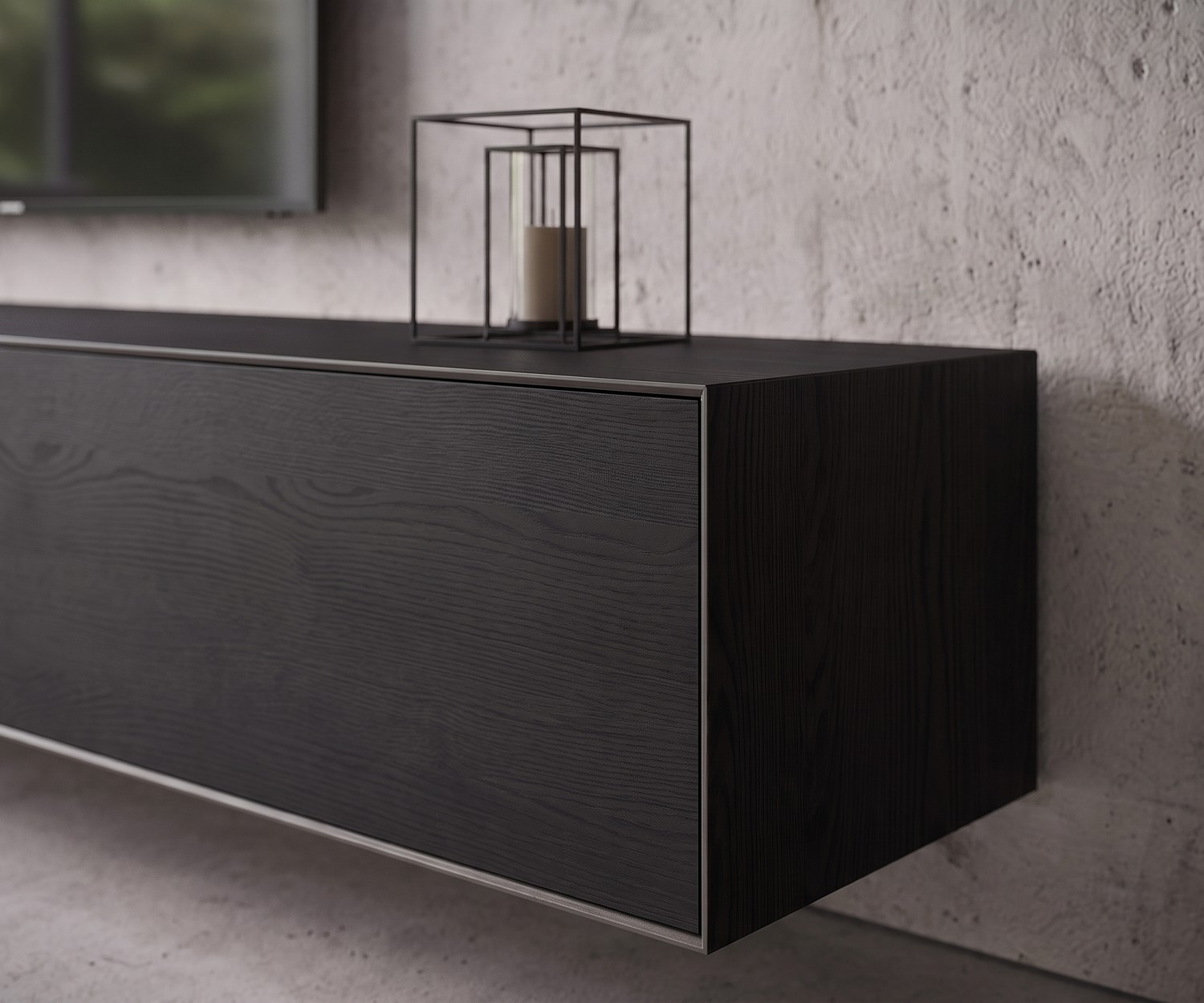 Mobile TV sospeso Livitalia Minimal in rovere scuro con illuminazione LED per un soggiorno moderno dal design minimale.