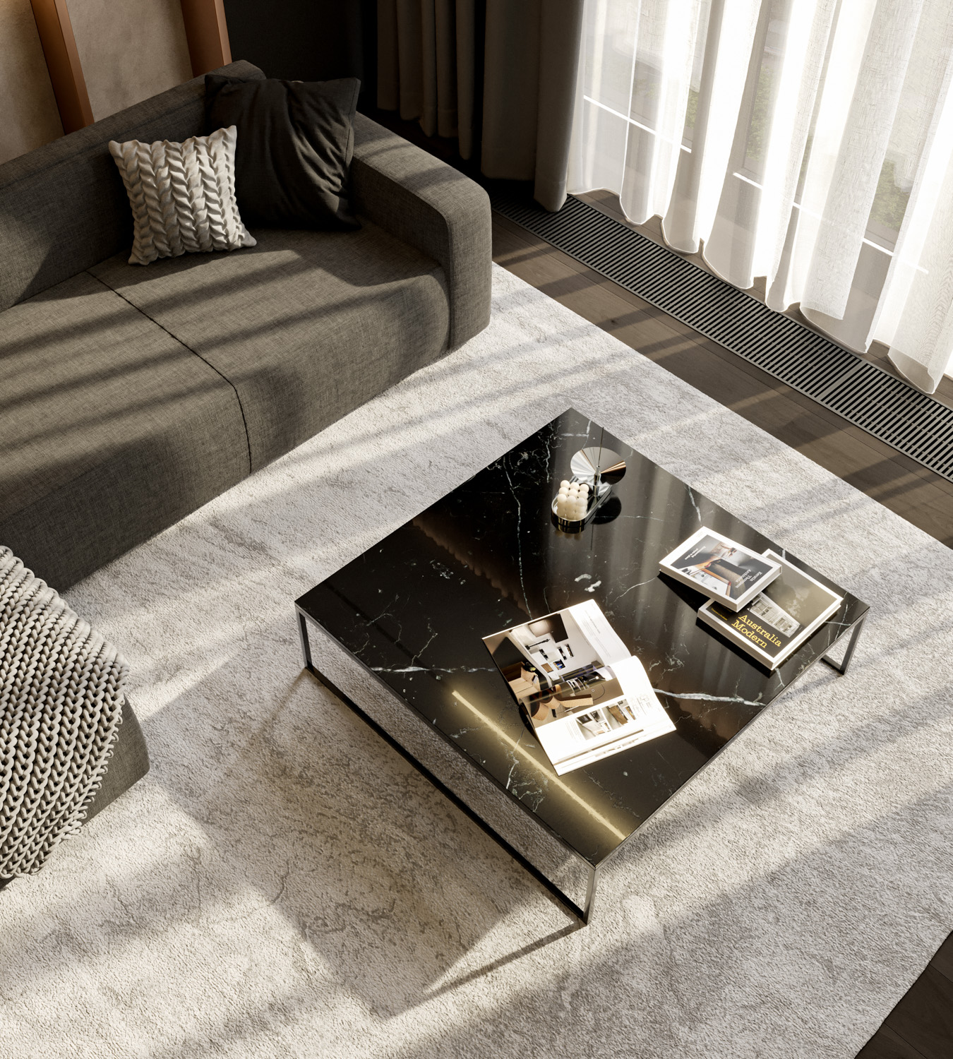 Tavolino moderno quadrato piano in marmo scuro base a slitta in metallo laccato Tavolino moderno quadrato piano in marmo scuro base a slitta in metallo laccato