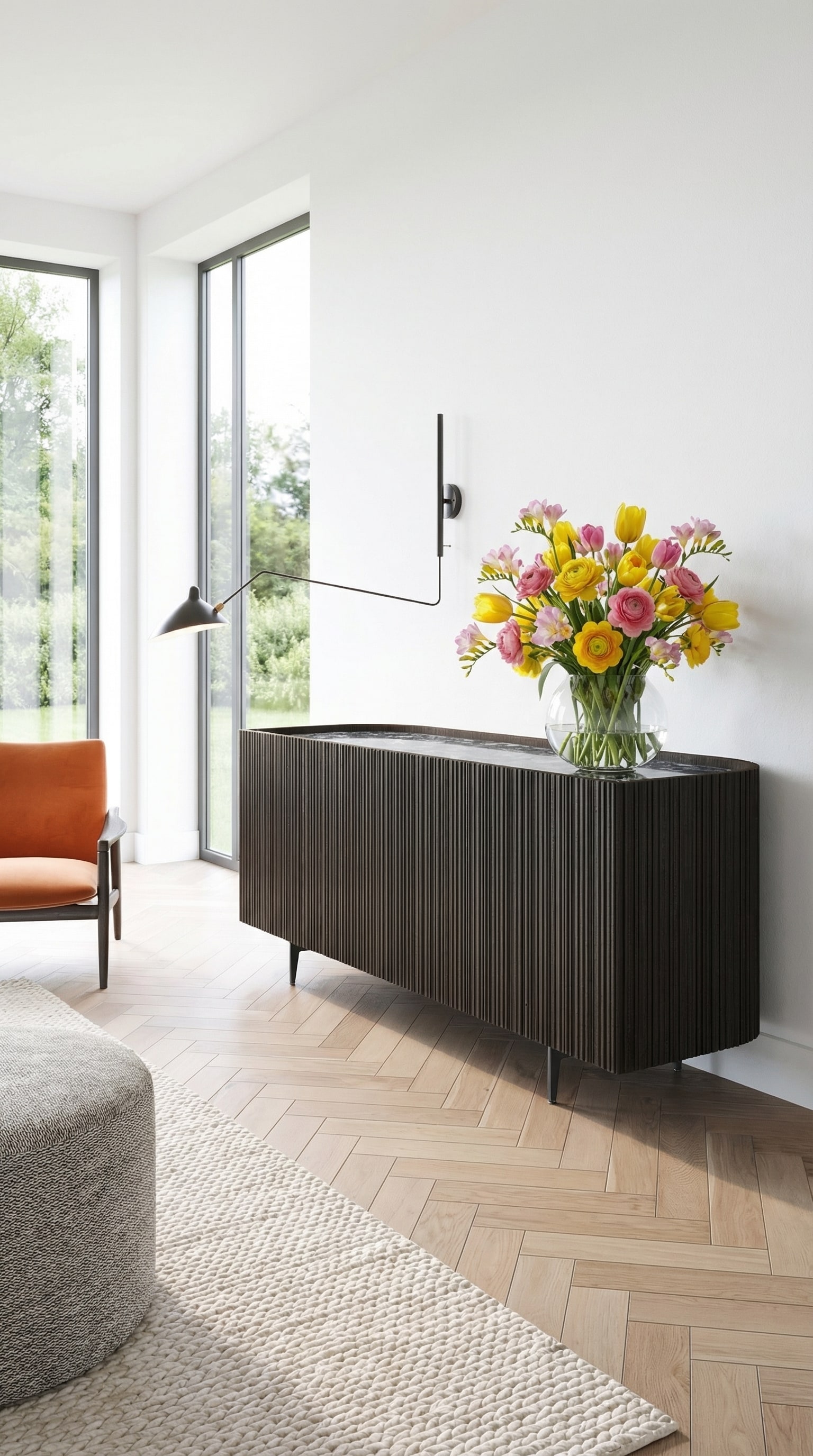 Credenza scura ed elegante con angoli arrotondati, decorata con un vaso primaverile colorato. Credenza scura ed elegante con angoli arrotondati, decorata con un vaso primaverile colorato.