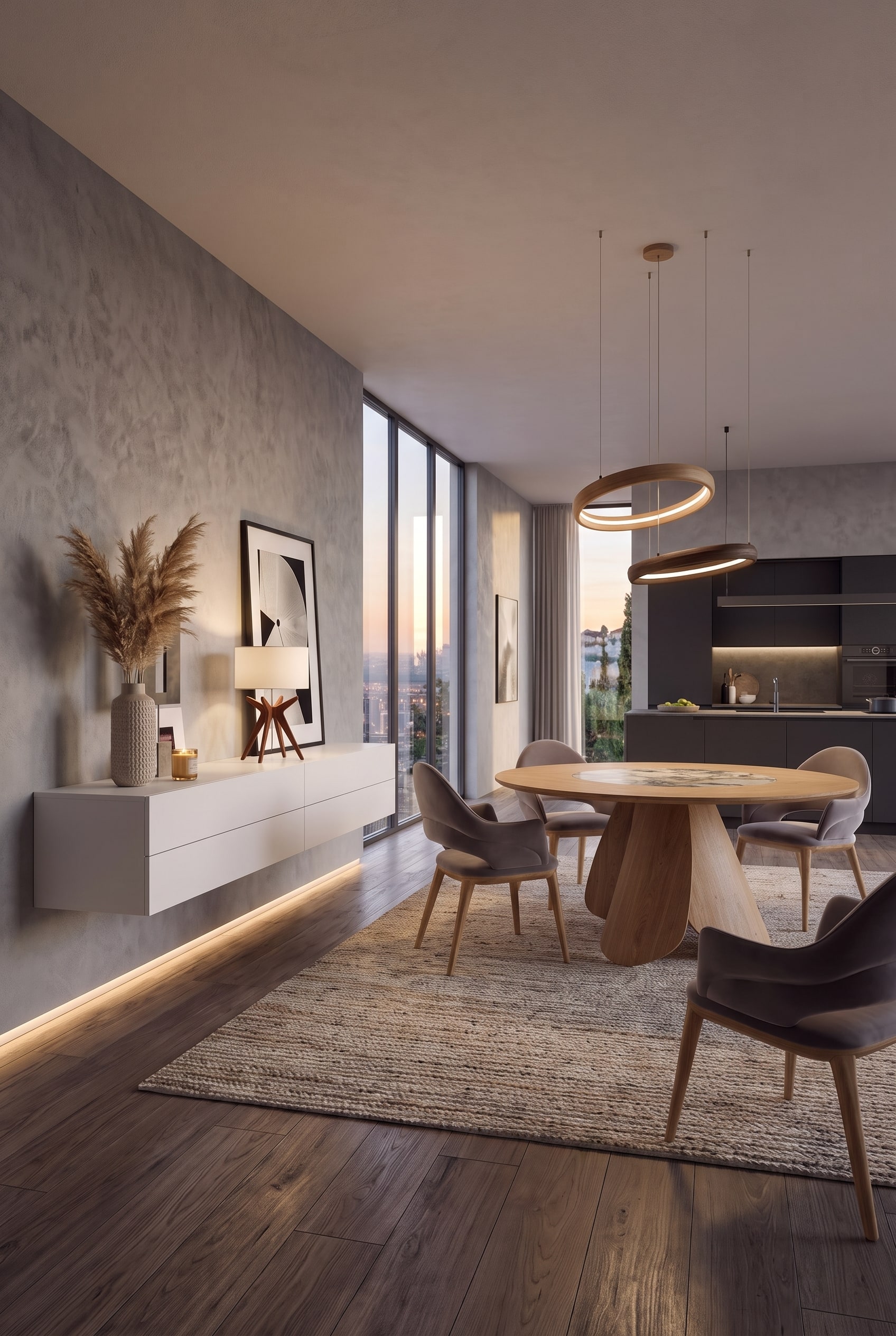 Eine moderne Novamobili Hängekommode mit vier grifflosen Schubladen schwebt in einem elegant eingerichteten Esszimmer an der Wand.