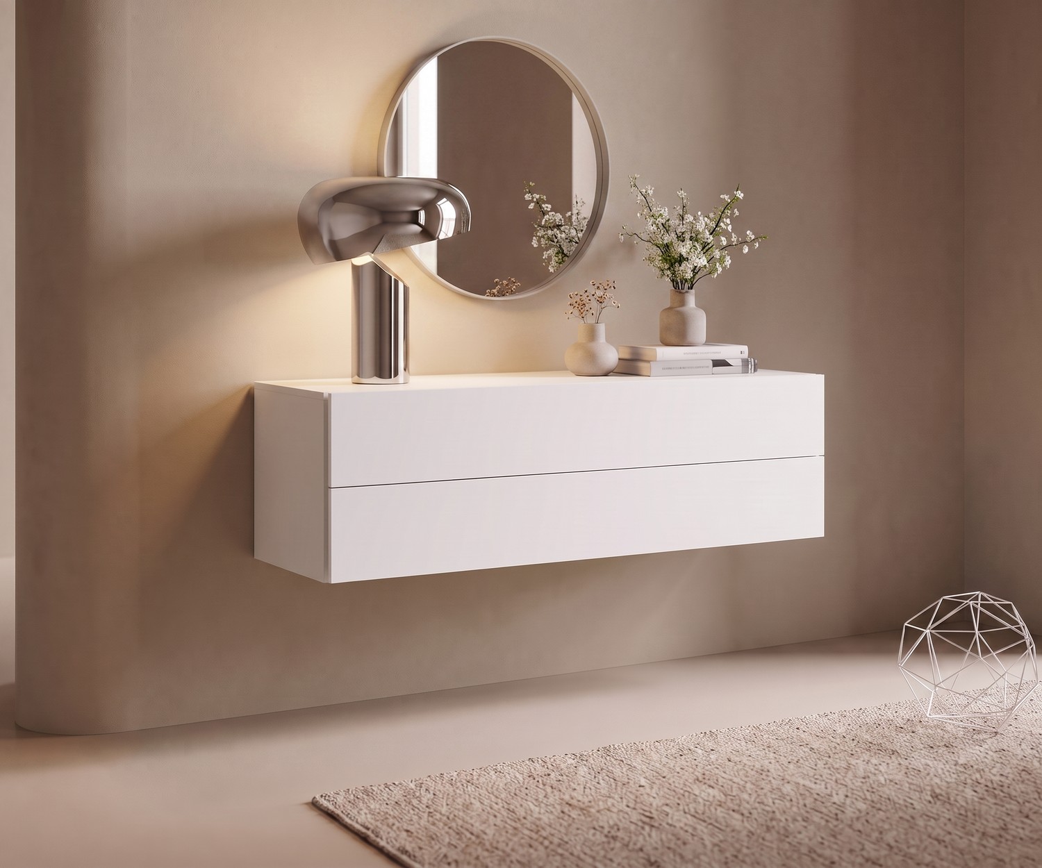 Cassettiera sospesa Novamobili Easy Cassettiera sospesa Novamobili Easy con 2 cassetti all'ingresso sotto uno specchio rotondo con lampada moderna.