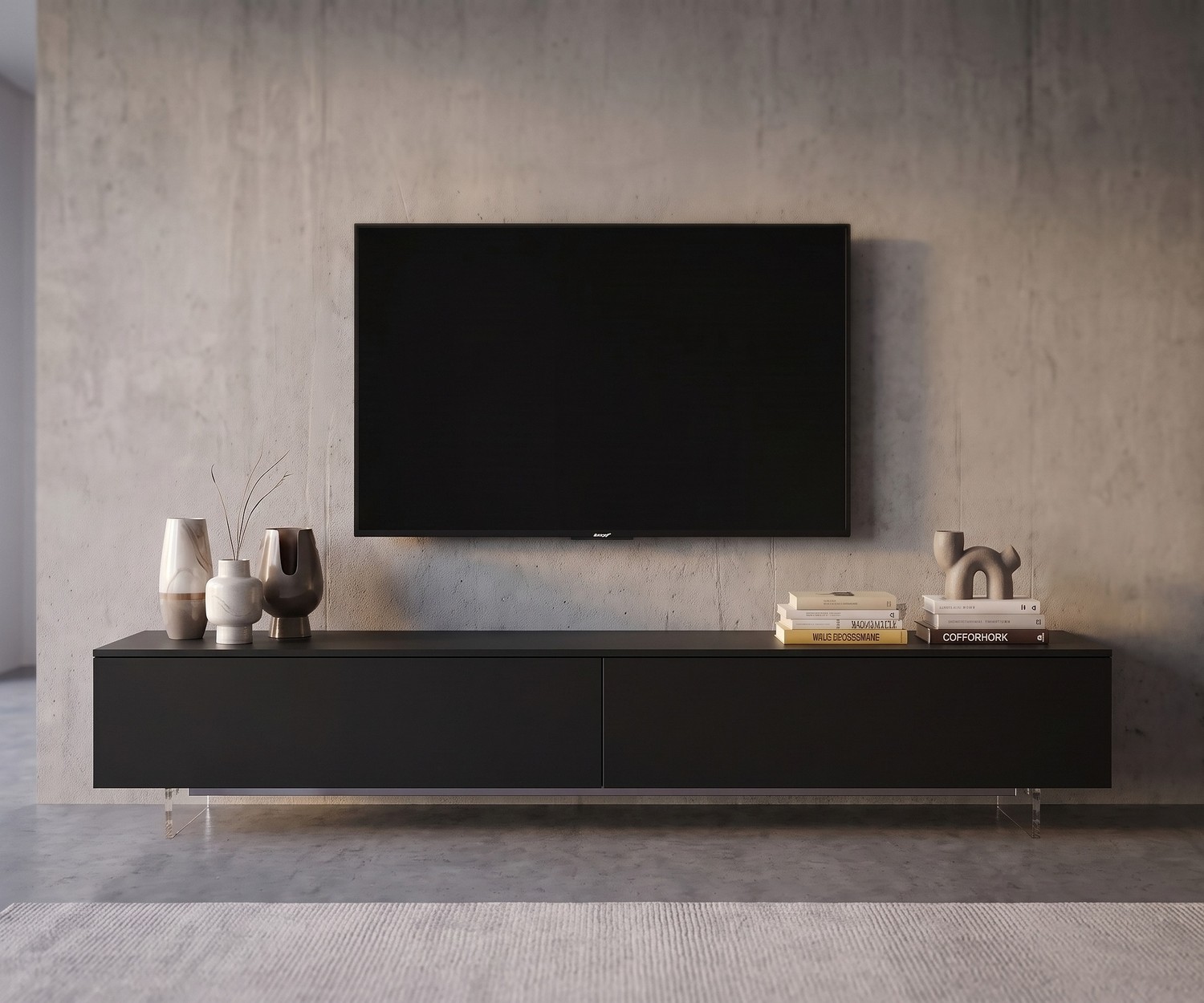 Zoccolo TV trasparente Livitalia sotto un mobile basso grigio per un effetto sospeso in un soggiorno moderno.