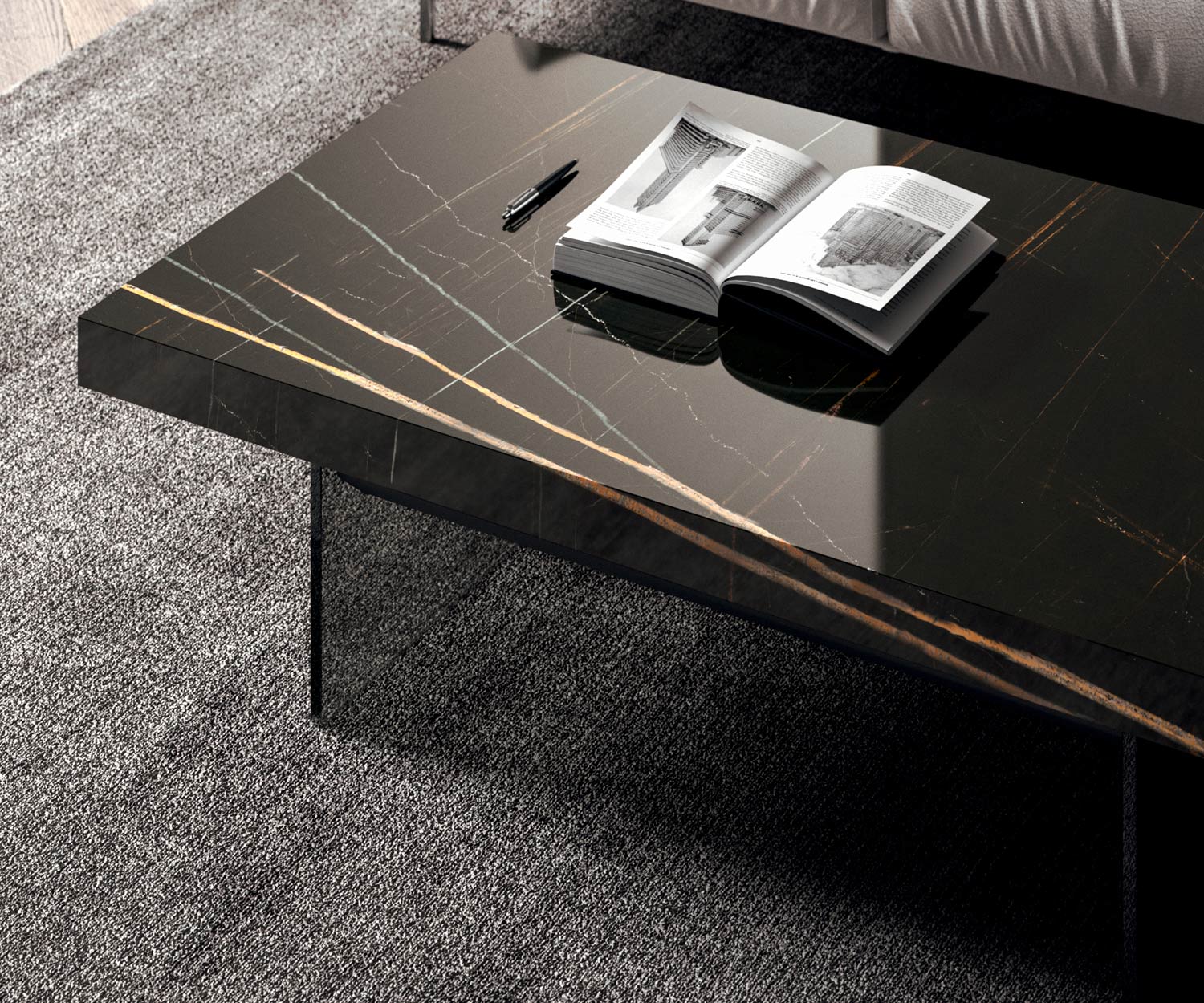 Dettaglio piano tavolo marmo nero lucido vetro da Ozzio Tavolino Bellagio Dettaglio piano tavolo marmo nero lucido vetro da Ozzio Tavolino Bellagio