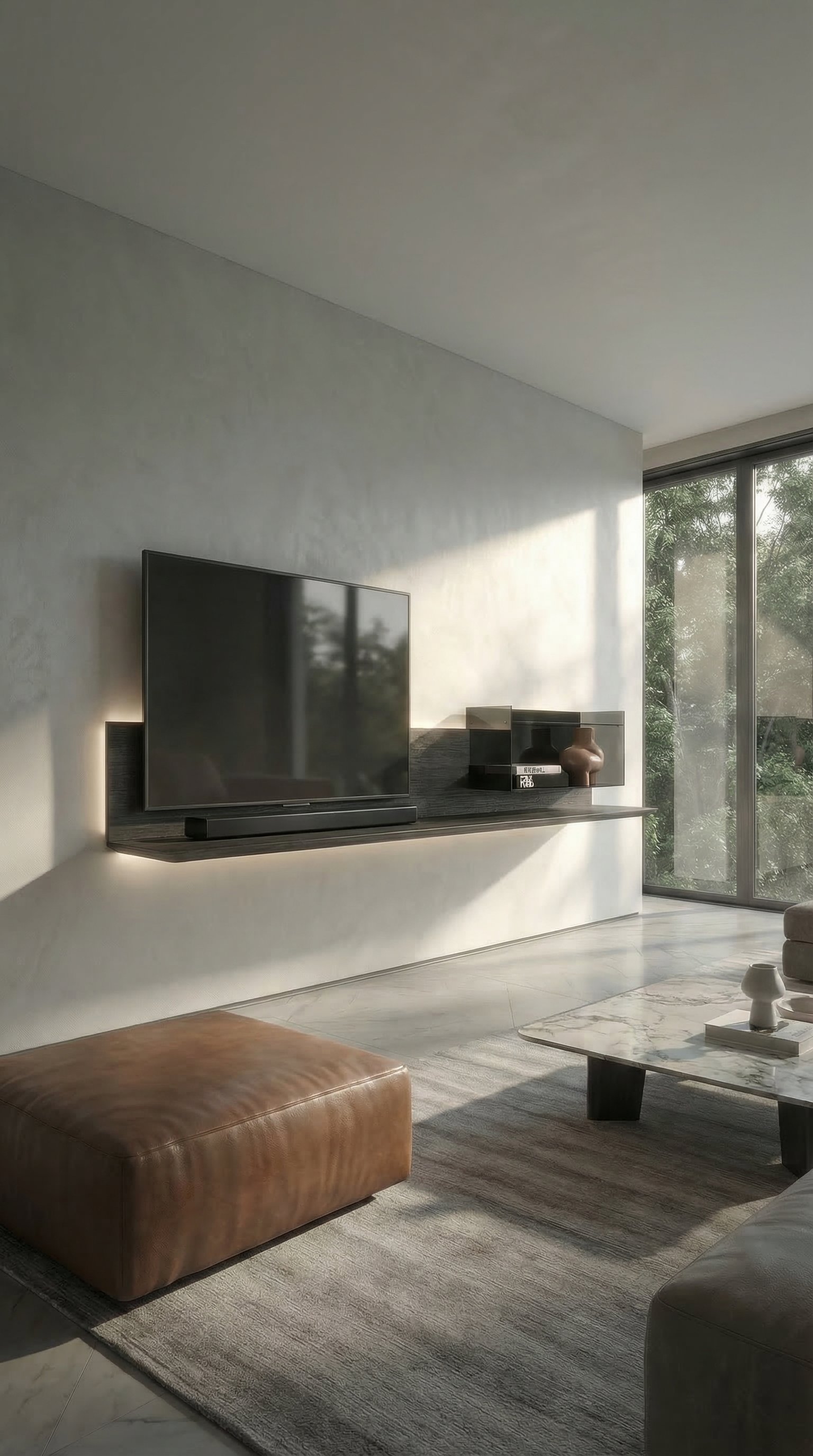 Una mensola TV a parete sospesa, scura, in rovere Carbone in un soggiorno luminoso e moderno con grandi finestre. Una mensola TV a parete sospesa, scura, in rovere Carbone in un soggiorno luminoso e moderno con grandi finestre.