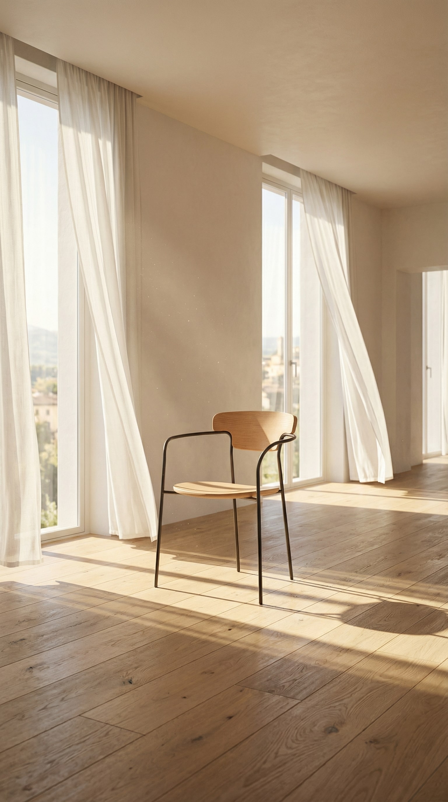 Sedia moderna in legno con struttura sottile in metallo nero e seduta in legno chiaro alla luce del sole