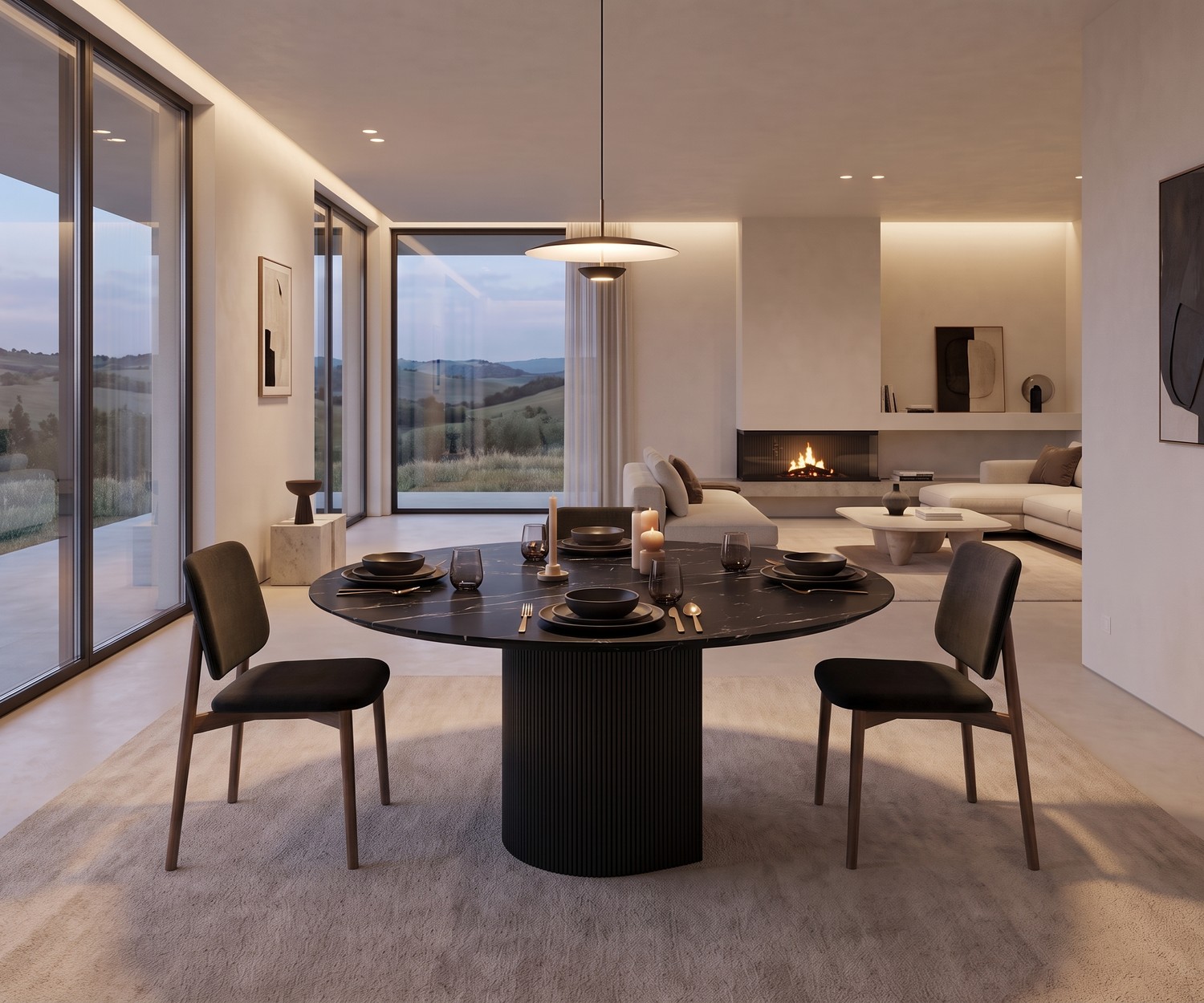 Tavolo da pranzo rotondo al2 Dakry BR 001 con base cannellata Tavolo da pranzo rotondo al2 Dakry BR 001 per sale da pranzo moderne, con piano effetto marmo nero e base cannellata.